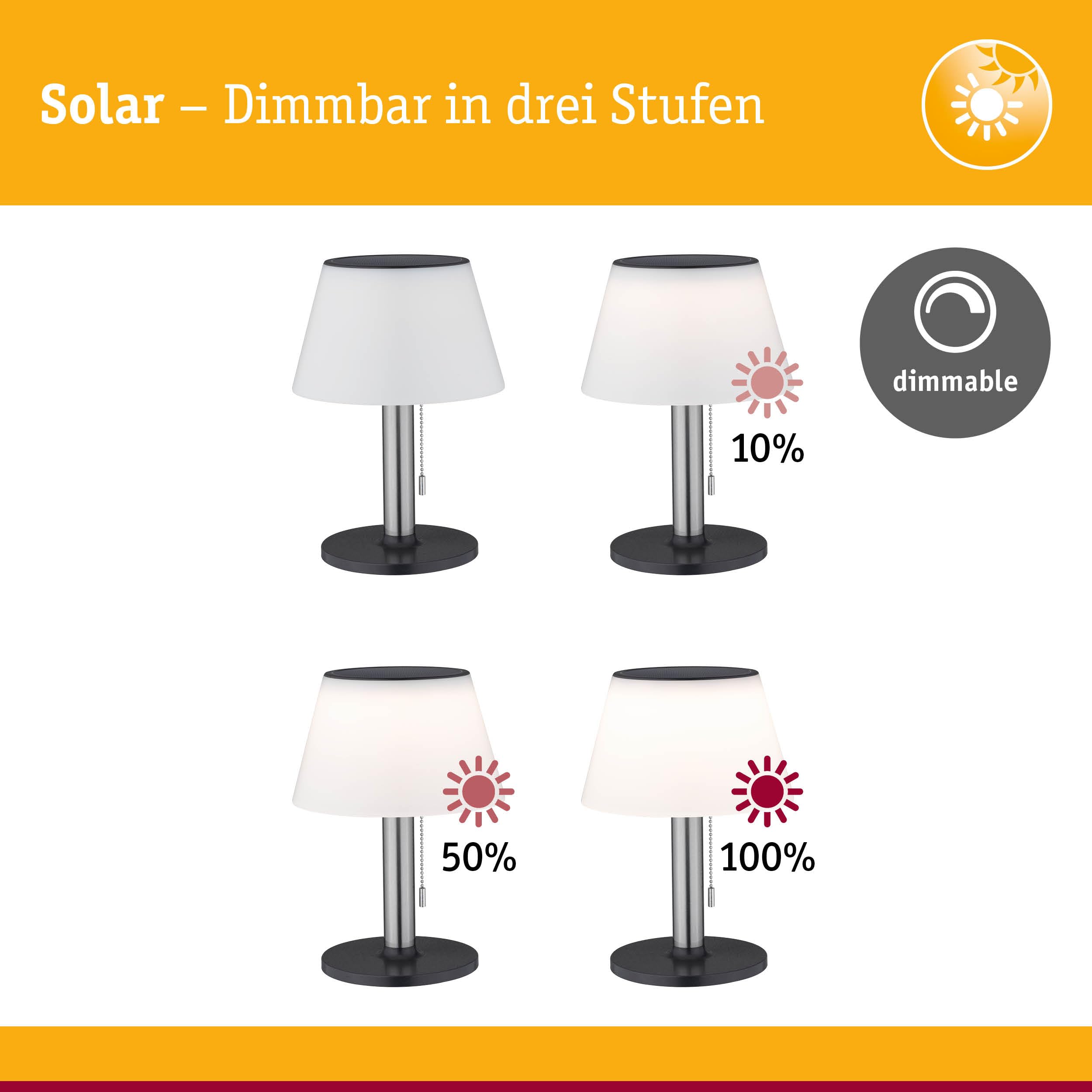 Paulmann 94309 LED Solar lampada da tavolo Lillesol apparecchio per esterni incl. 1 lampada da 0,8 Watt dimmerabile IP44 acciaio inox illuminazione da giardino plastica, metallo bianco caldo 3000 K