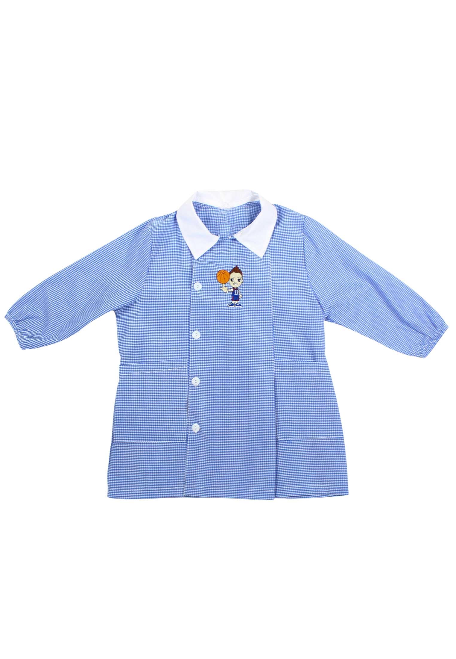 Delantal infantil azul a cuadros con cuello blanco y estampado bordado en el pecho, Batas Infantiles, Mandilones Infantiles, Baloncesto, 3 años
