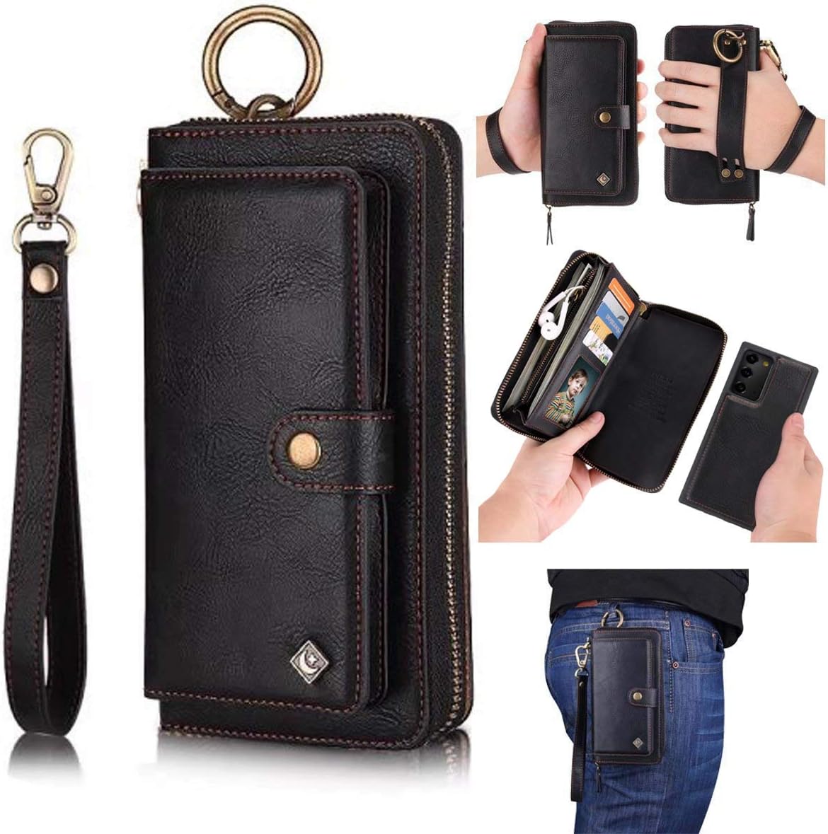 AIFENGCASE for Samsung Galaxy Note 20 Ultra Phone Case,Wallet Case for Women Men Girls,Wristlets Clutch Zipper Leather Pouch Wallet Flip Case Card Holder Magnetic Detachable Back Cover,Black