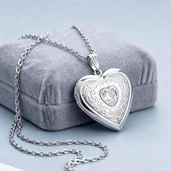 Birthstones Locket Necklace that Holds Pictures Love Heart Photo Locket Crystals Necklace Pendant Birthday Gifts