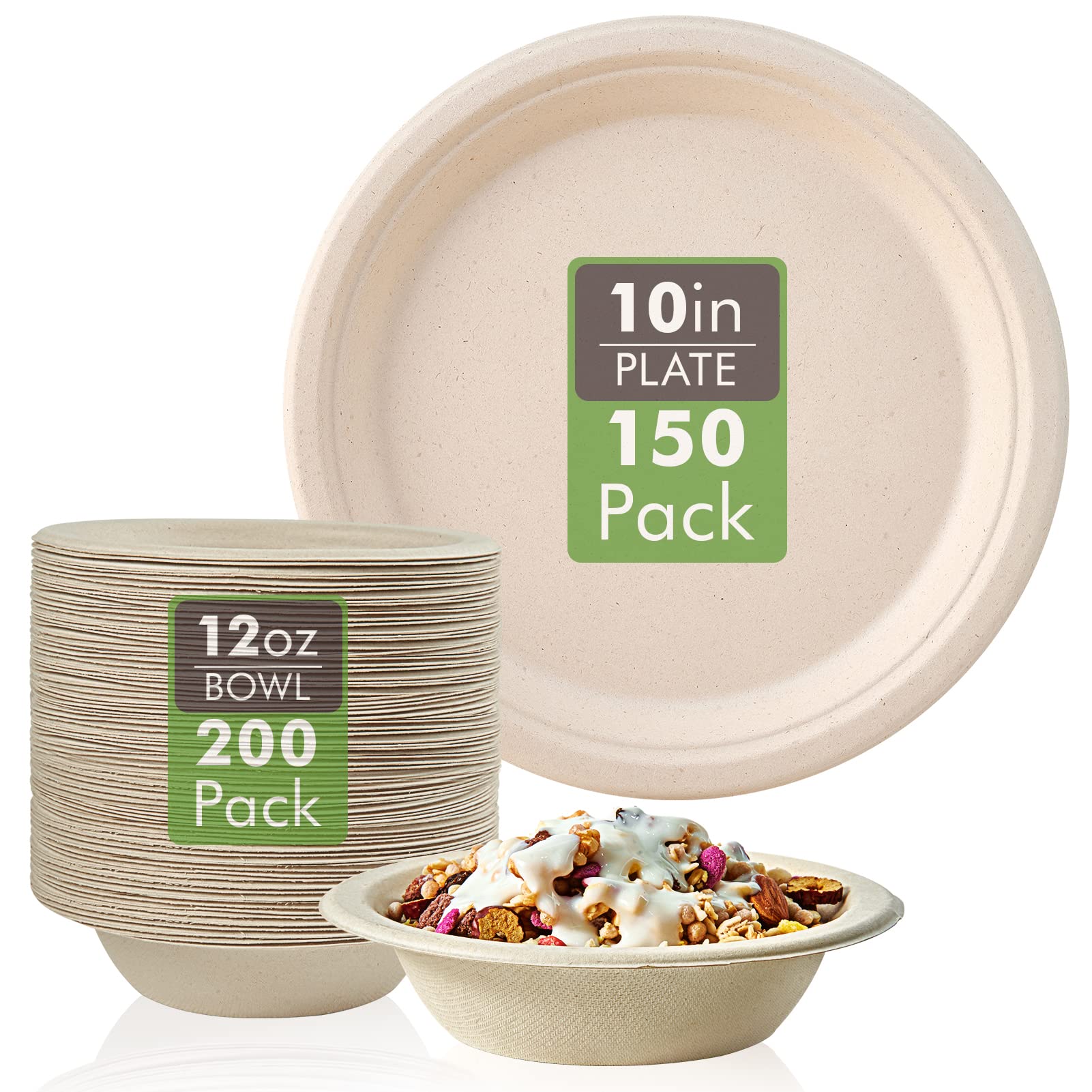 Vplus150 Pack Compostable Disposable Paper Plates 10 inch and 200 Pack 12 OZ Paper Bowls