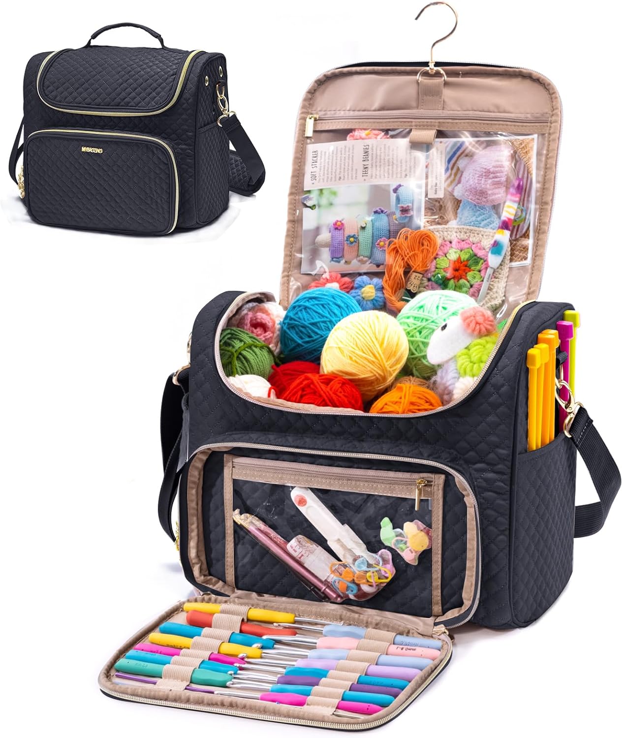 Quilted Crochet Bag Organizer Knitting Yarn Tote with Hanging Hook