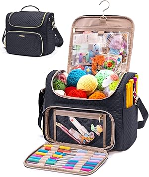 MYBAGZING Crochet Bag Organizer - Quilted Storage Bag with Hanging Hook, Knitting & Yarn Tote for Crochet Accessories, Mothers Day Gift