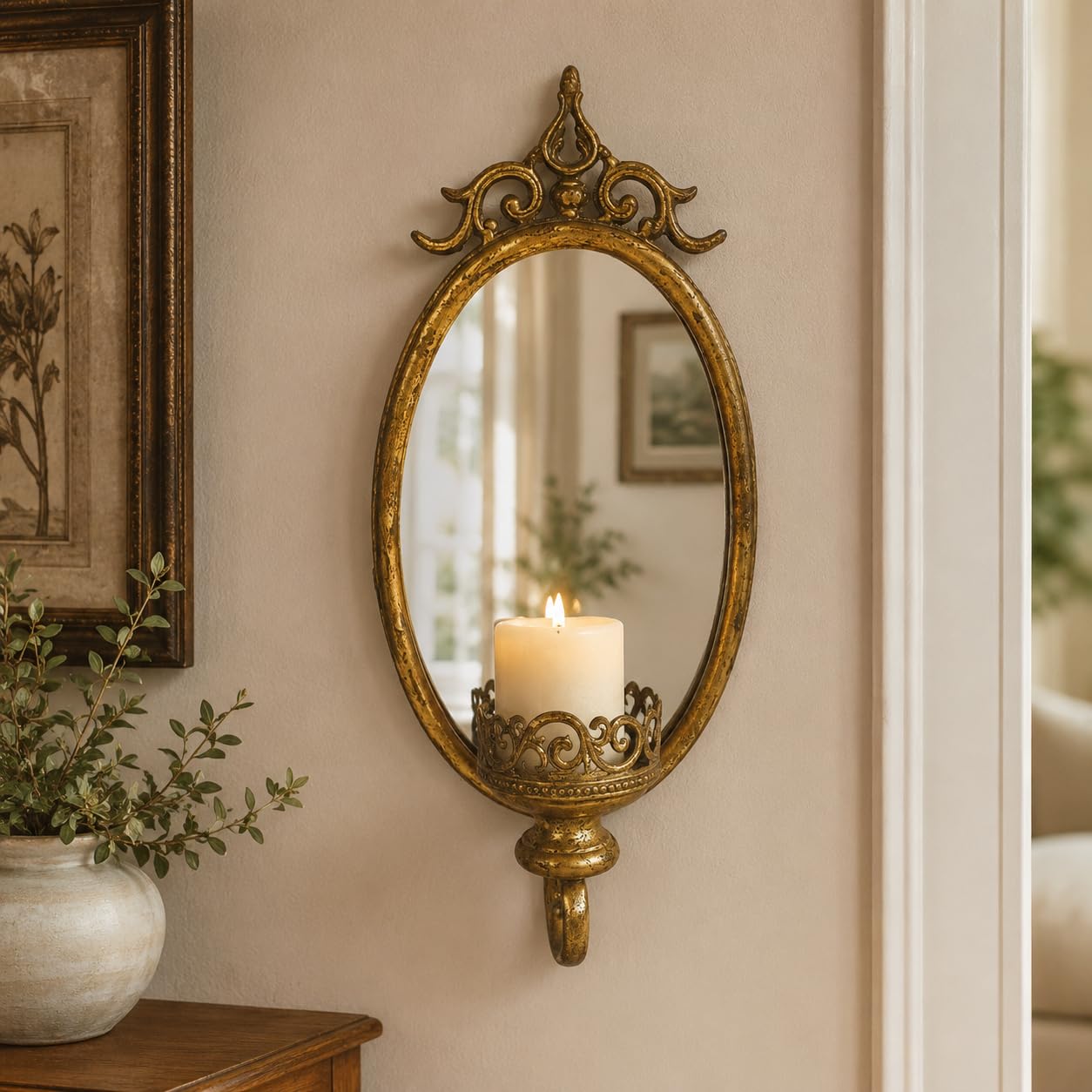 Vintage Gold Metal Wall Mirror Sconce Candle Holder Rococo Lattice Ornate