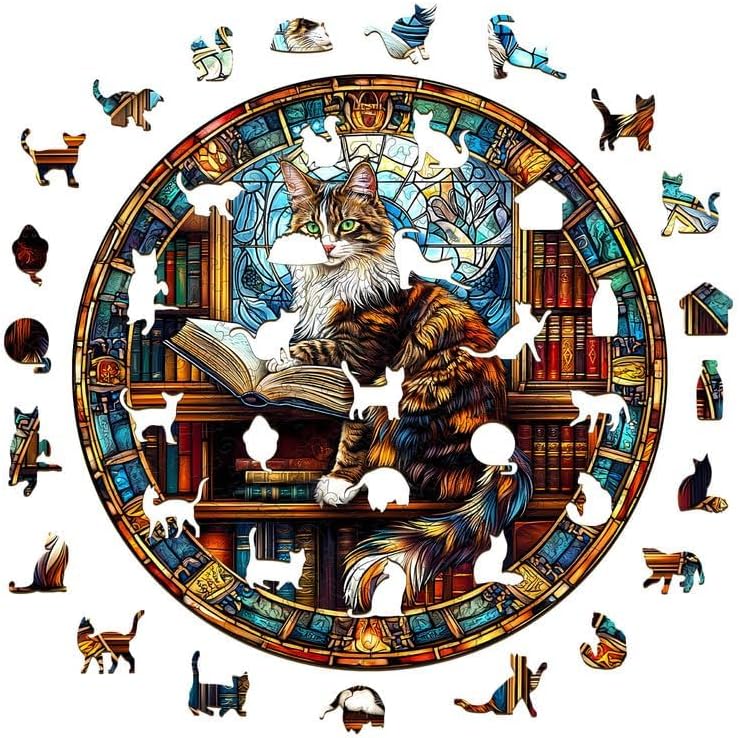 jigfoxy wooden puzzle for adults, maine cat wooden jigsaw puzzles for adult, unique animal shape wood cut puzzles, christmas thanksgiving gifts for friends family (l-13.4 * 13.4in-300pcs) maine cat library large