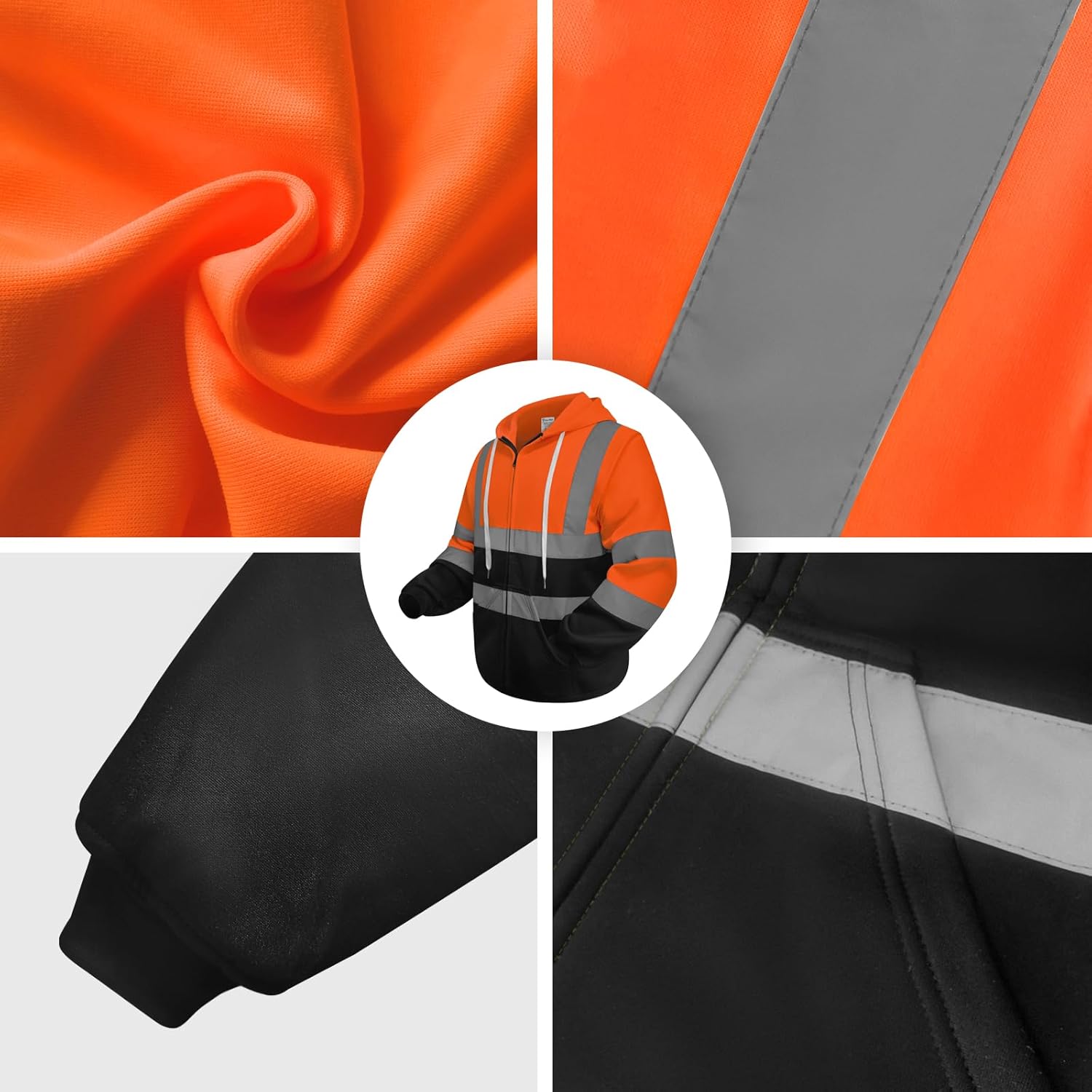 Hi Vis Hoodie for Men Women, Class 3 High Visibility Sweatshirts with Zipper, Reflective Safety Hoodies for Men with Black Bottom for Construction, Orange, XL - Image 4
