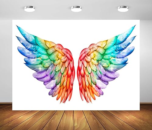BELECO Telón de fondo mágico de alas de ángel de 7 x 5 pies para fotografía, alas de arco iris brillantes, alas brillantes, fondo blanco, alas