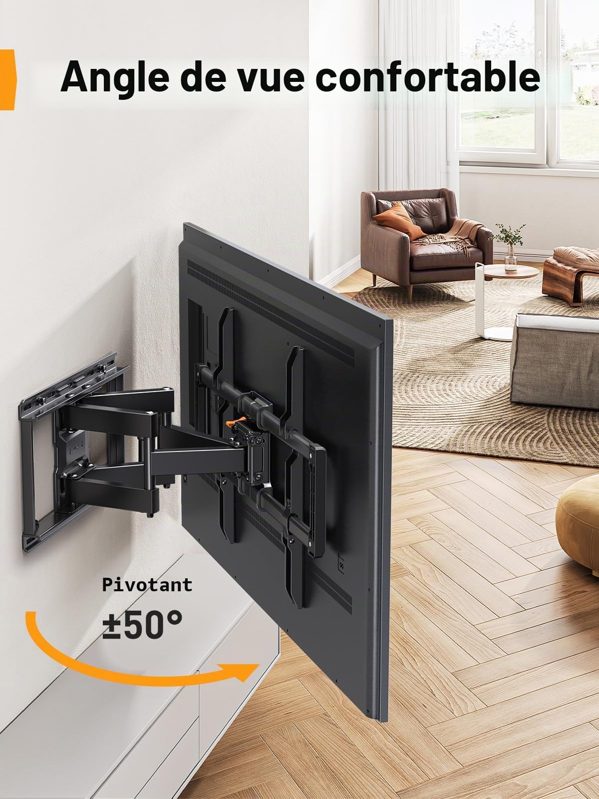 Perlegear Support Mural TV Mouvement Complet TV 42 à 90 Pouces à 68 kg, Support TVs Avec 2 Bras Articulés, Inclinaison, Pivotement, Extension et Mise à Niveau Sans Outils, VESA Max 600 x 400 mm, PGLF8