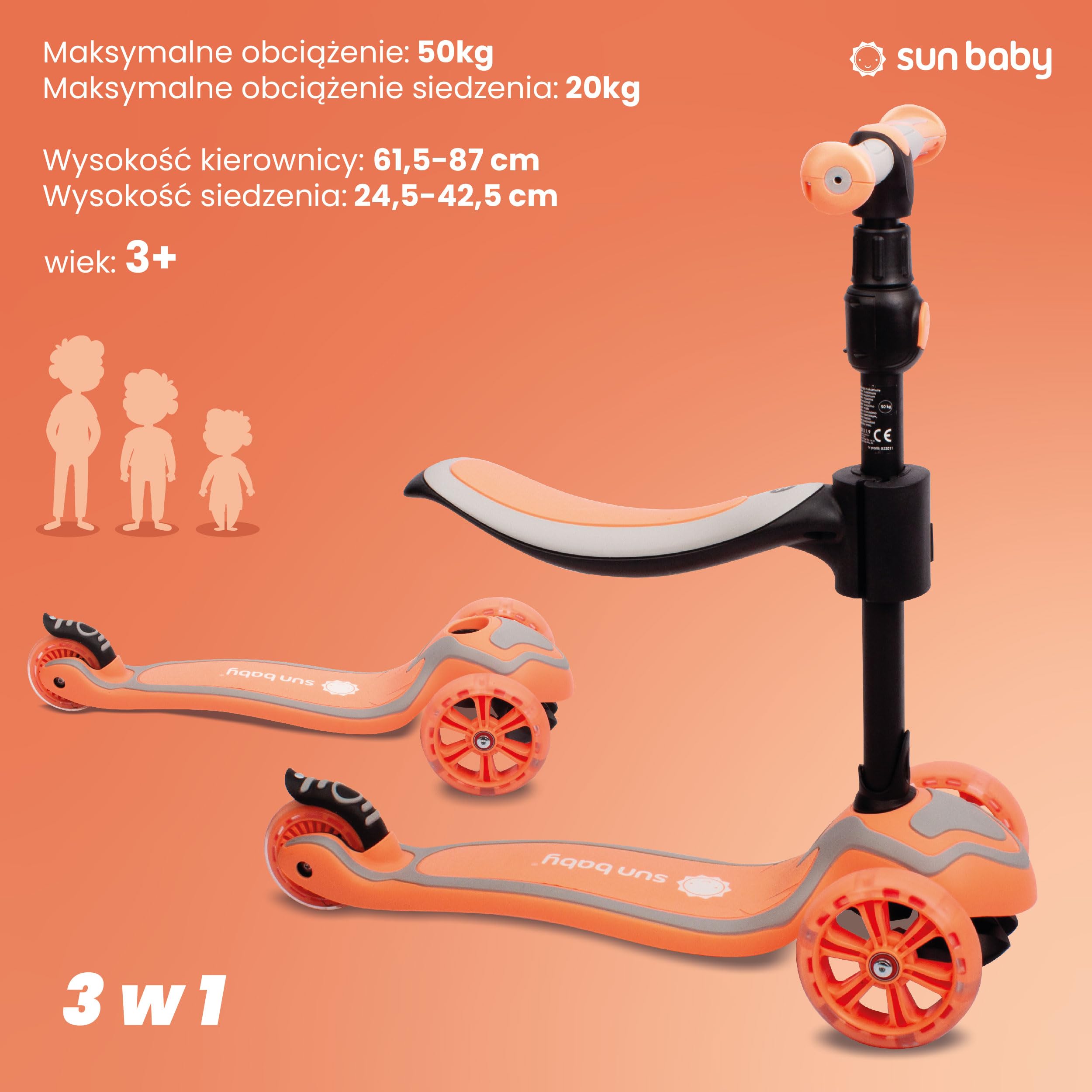 SUN BABY Hulajnoga 3-Kołowa dla Dzieci od 3 Roku Koła LED Regulowana | regulowana kierownica, skuter dziecięcy, stabilna konstrukcja, zabawa na świeżym powietrzu, rozwój równowagi