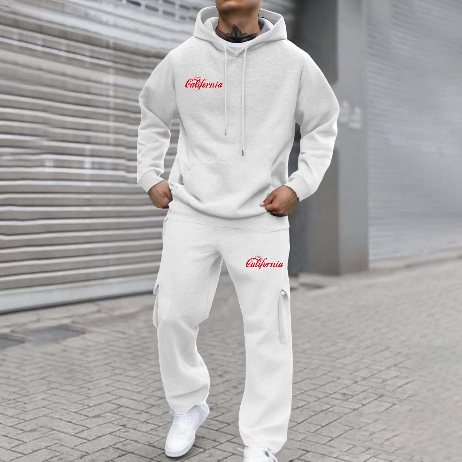 Tuta da uomo con cappuccio stampata, abbigliamento casual, comodo maglione da jogging, elegante outfit in due pezzi abbinato