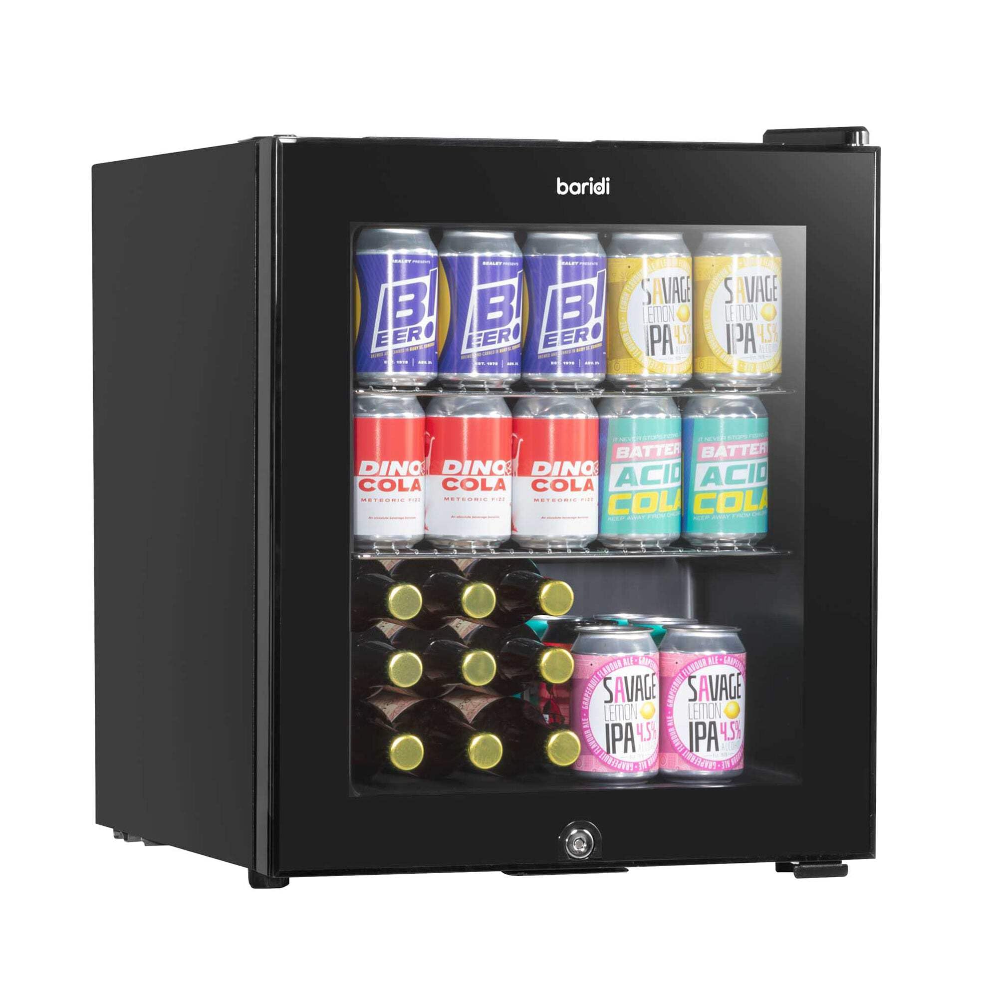 Dellonda Baridi 50L Drinks Fridge/Beer & Wine Mini-fridge Cooler Table Top Fridge with LED Light & Reversible Glass Door | Bedroom Mini Bar with Lock & Key, Black - DH12 [Energy Class E]
