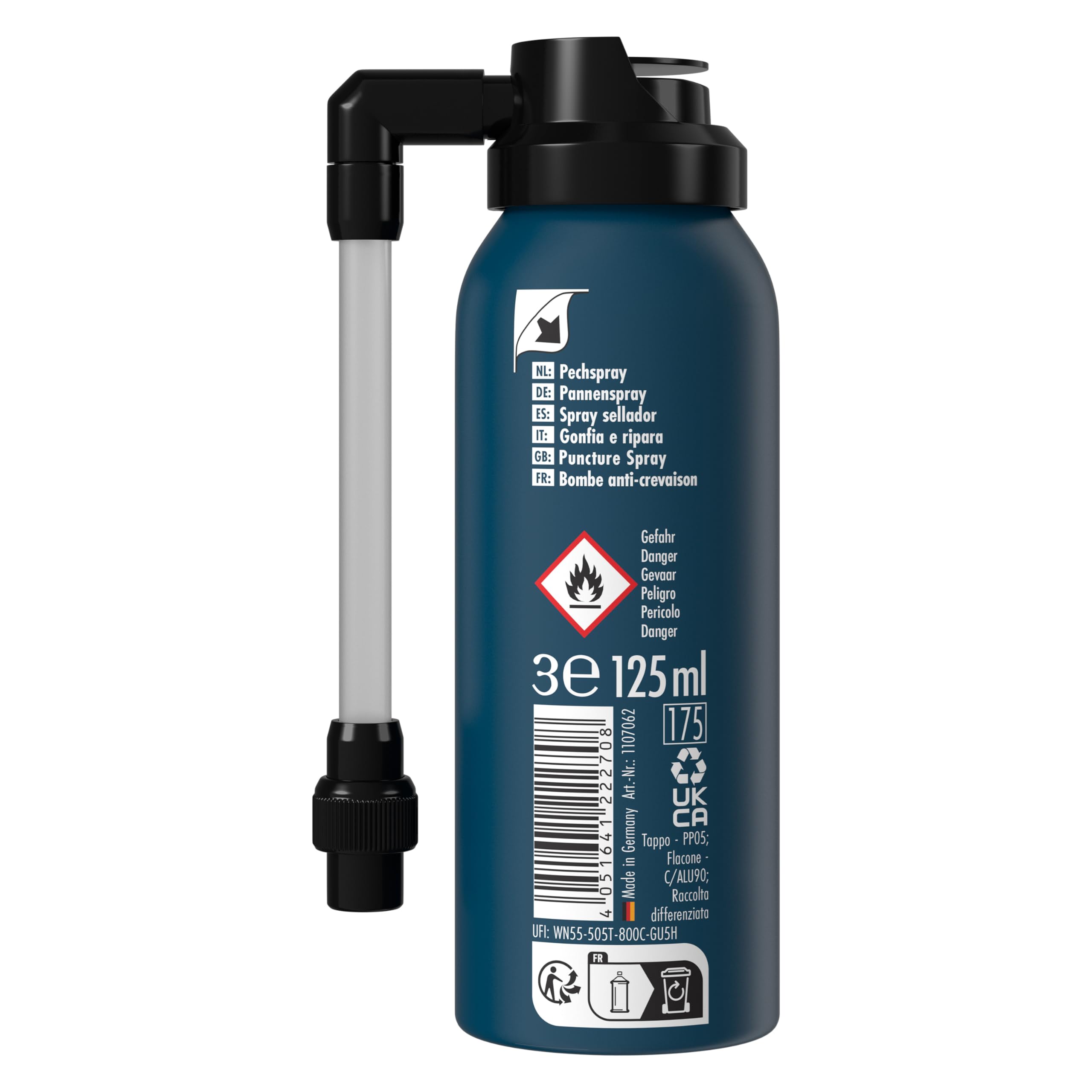 TUNAP SPORTS Spray antiforatura, facile riparazione in caso di danni degli pneumatici in viaggio, chiude i fori in pochi secondi, non sono necessari attrezzi, bomboletta spray da 125 ml | E-Bike