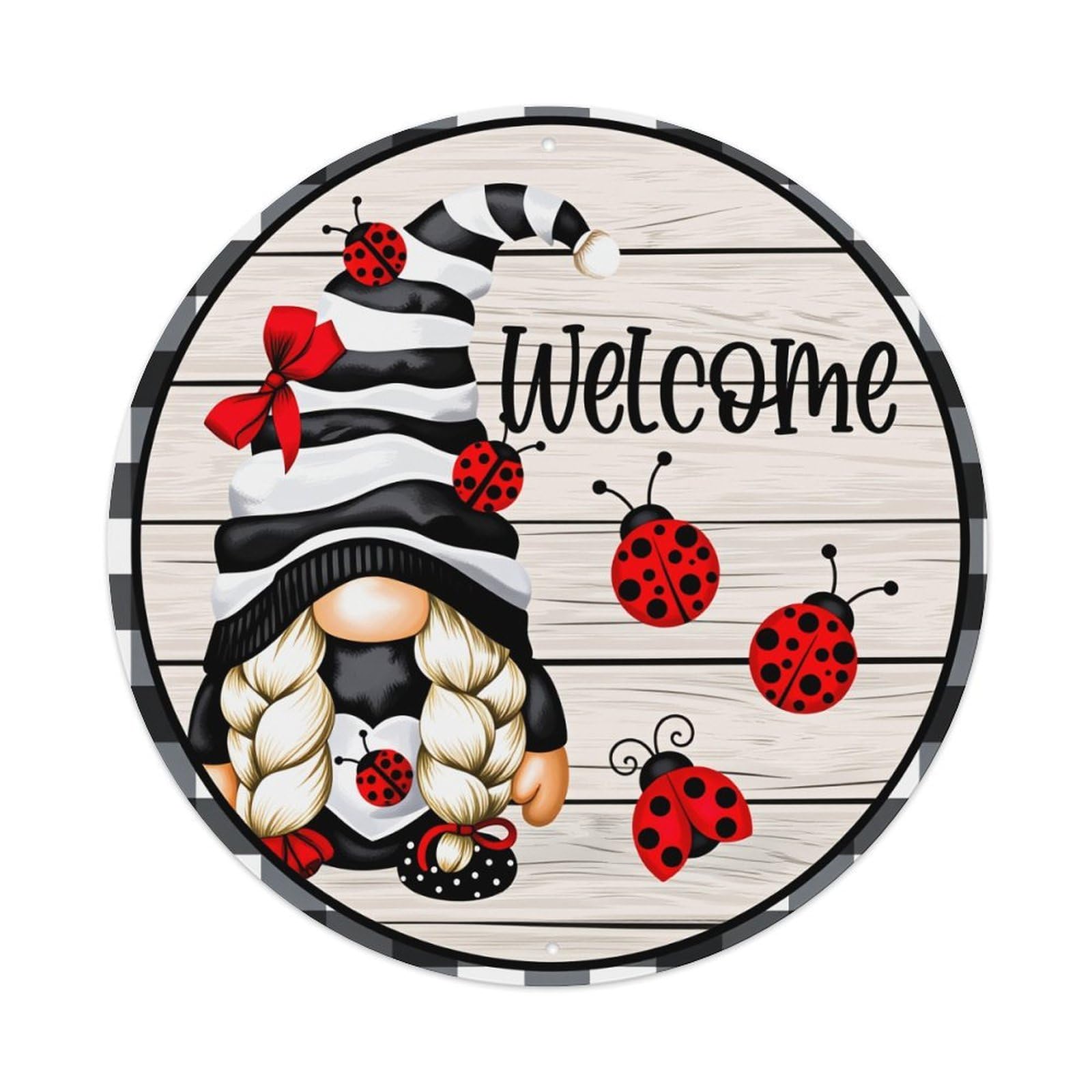 Gnome Ladybug Welcome Black White Pattern Round Vintage Tin Sign,Retro Wall Art,Metal Poster for Home, Bar, Garage, Cafe, Rustic Indoor & Outdoor Decor, 8x8 Inches