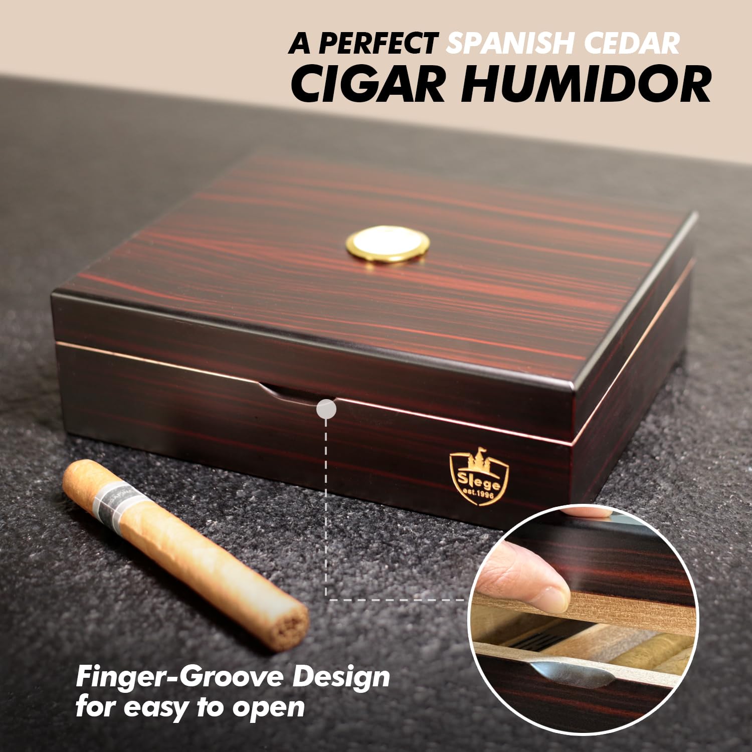 Slege Zigarren Humidore, Humidor-Zigarren,Spanische Zeder Holz Zigarrenbox,mit Humidor Befeuchter,Hygrometer,Teiler,einzelne Schicht,Männer Geschenk Zigarren Zubehör (10-30 zigarren)
