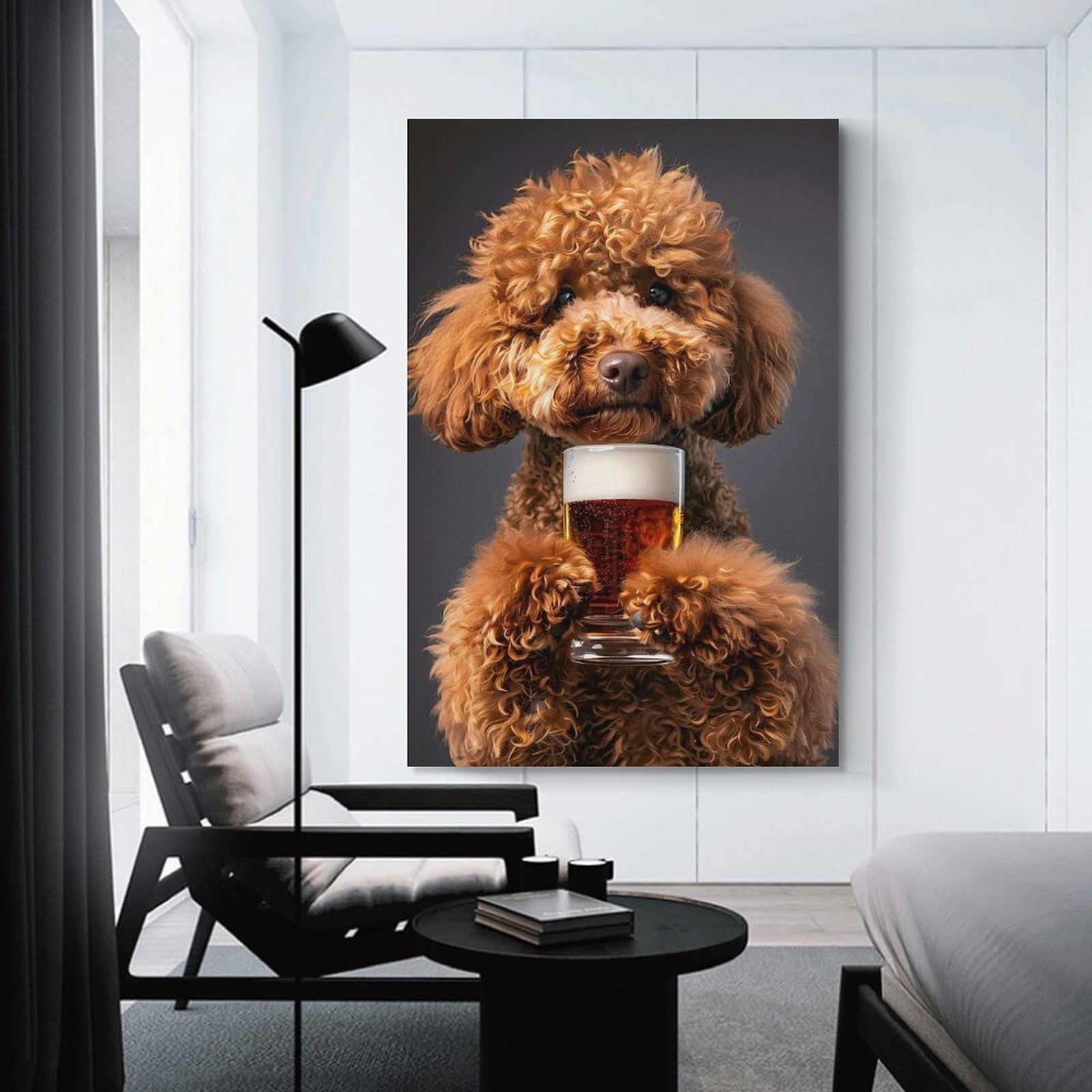 Junmoney Poodle Beer Wall Picture Print 24x36inch(60x90cm), for Work Areas, Reading Rooms Or Studios, An Interior Accent for Desk Areas