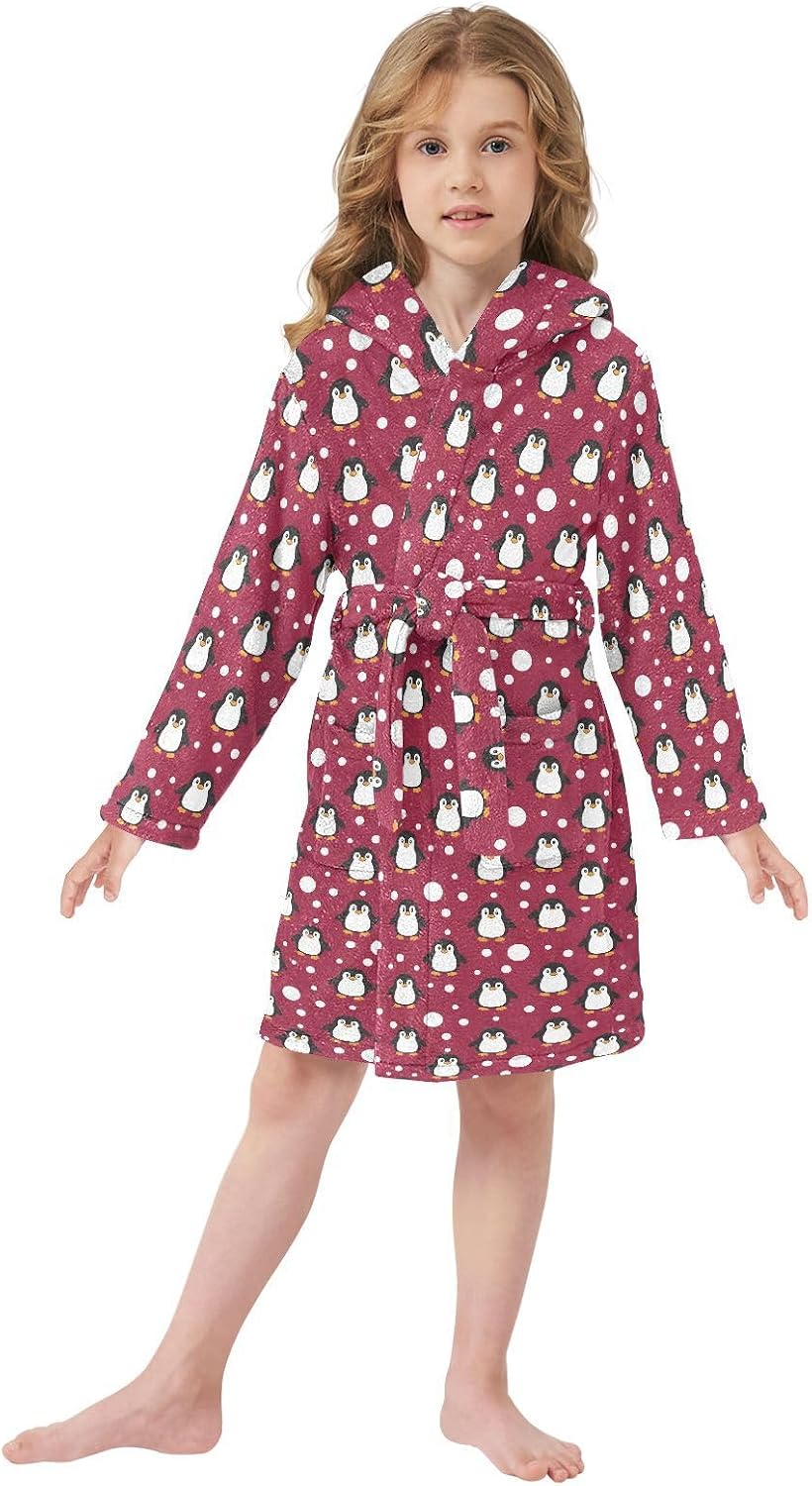 senya Penguins with Spot Toddler Hooded Bathrobe Kids Soft Plush Bath Towel Robes for Boys Girls 2-12 Years