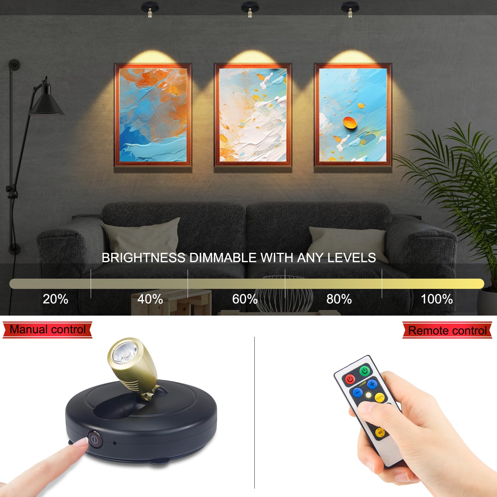 Luce senza fili dell'immagine del LED con telecomando, luce spot alimentata a batteria, luce di arte stick-on per dipinti, dimmerabile con temporizzatore di spegnimento automatico