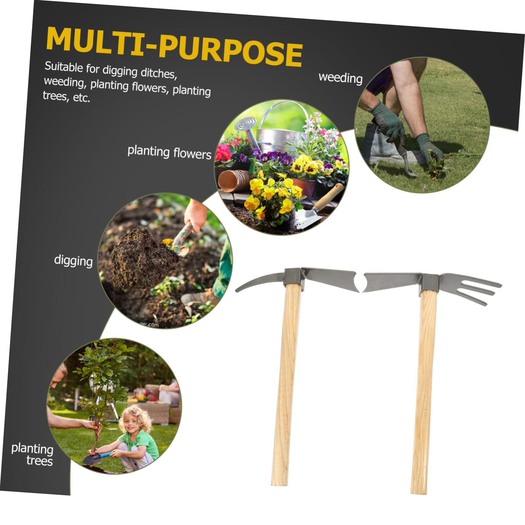 Set di 2 Piccole Zappe da Giardino in Legno e Acciaio al Manganese