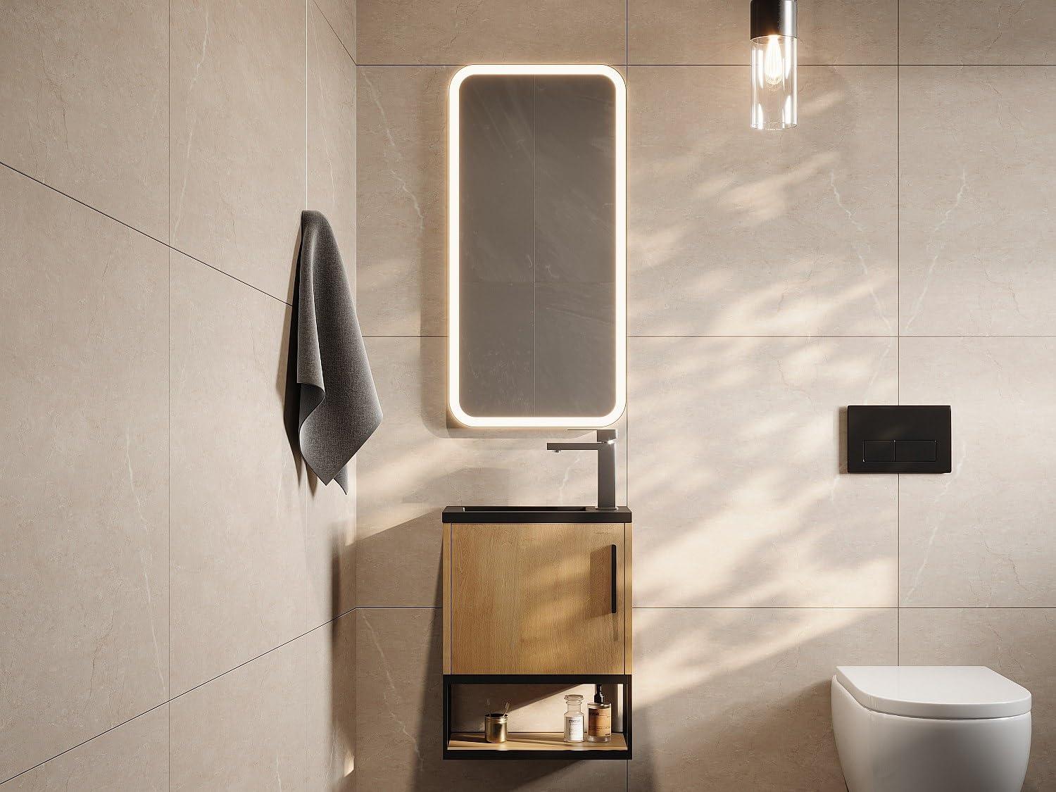 Vente-unique - Meuble Lave-Main Suspendu avec Niche et Vasque Noire - 40 cm - Coloris Naturel Clair - LOPENA