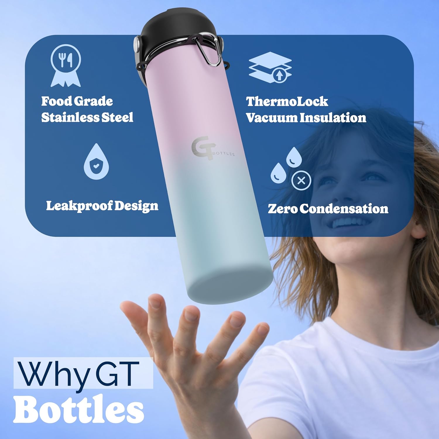 22oz Insulated Stainless Steel Water Bottle with 3 Lids & Paracord Handle – Leakproof Wide Mouth Metal Sports Bottle for Gym, School & Travel (Light Purple/Sky Blue, 22oz)