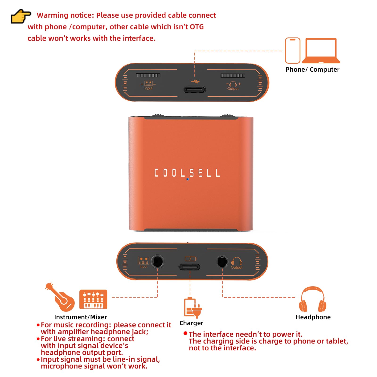 Interfaz de audio, 24 bits 192 kHz estéreo USB C e interfaz de iPhone para grabación y transmisión de música, interfaz de audio de guitarra portátil compatible con iPhone, Mac, PC (versión