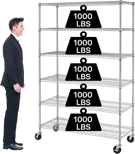 Dkeli Estantería comercial resistente de 6 niveles, estante de alambre de acero con ruedas de capacidad de 6000 libras, estante de almacenamiento