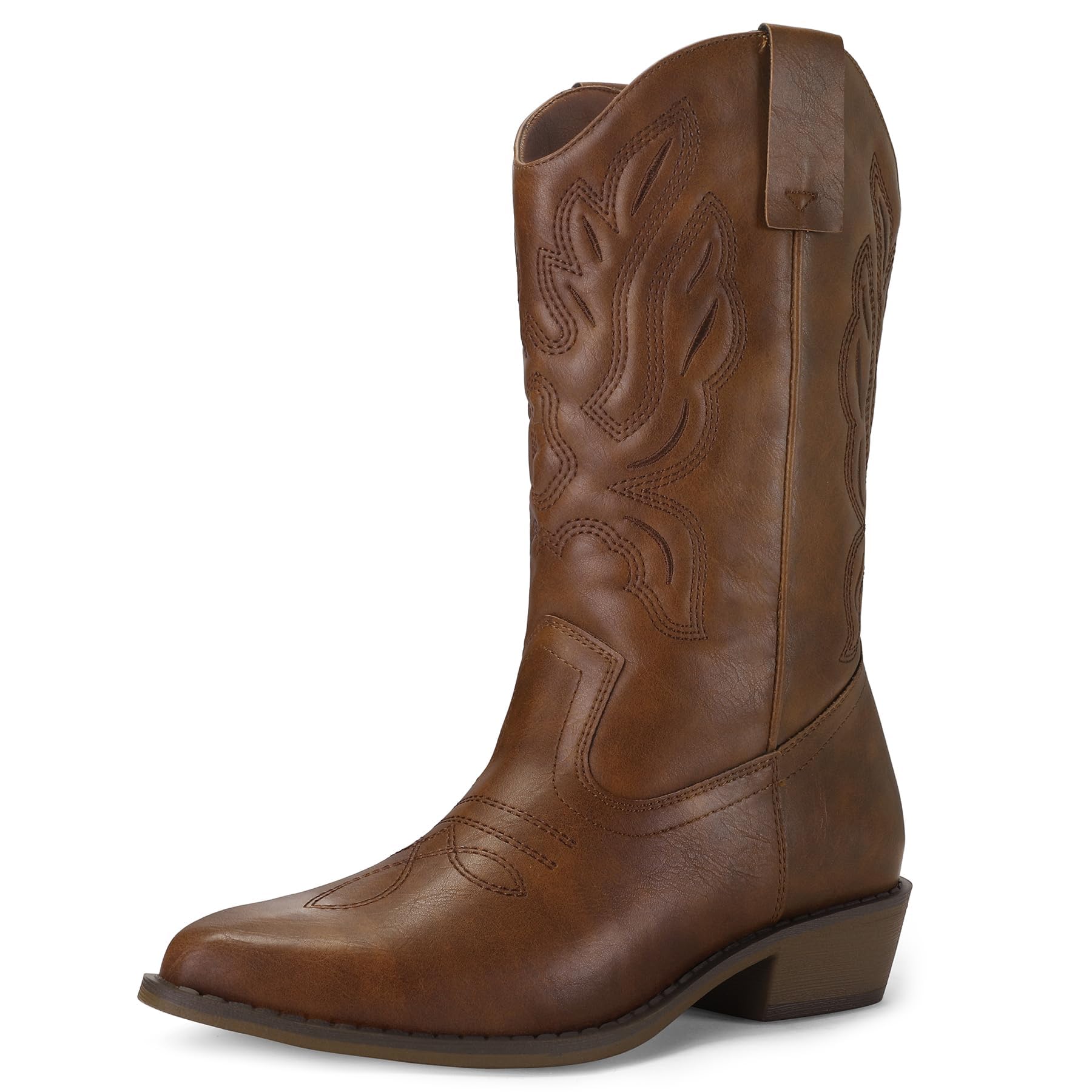 mysoft Women's Wide Calf Cowboy Boots Pull-On Mid-Calf Embroidered Pointed Toe Retro Western Boots