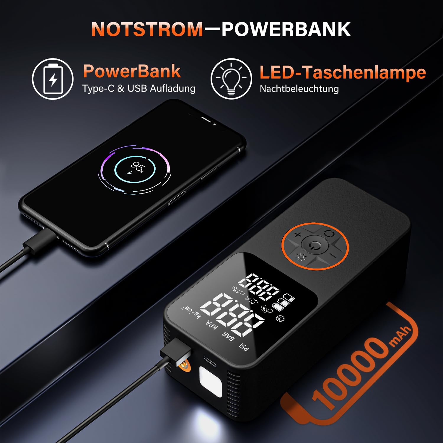Przenośna elektroniczna pompka, elektryczna pompka rowerowa PSI, kompresor akumulatorowy z wyświetlaczem cyfrowym i oświetleniem awaryjnym