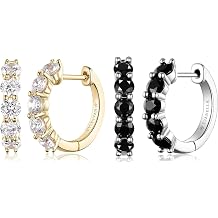 Evabelle 2 Pieces Gold Hoop Earrings for Women 14K Real Gold Plated Black Huggie Hoop Earring for Men Diamond Cut Cubic Zirconia Cuff Earrings s925 Sterling Silver Post Hypoallergenic