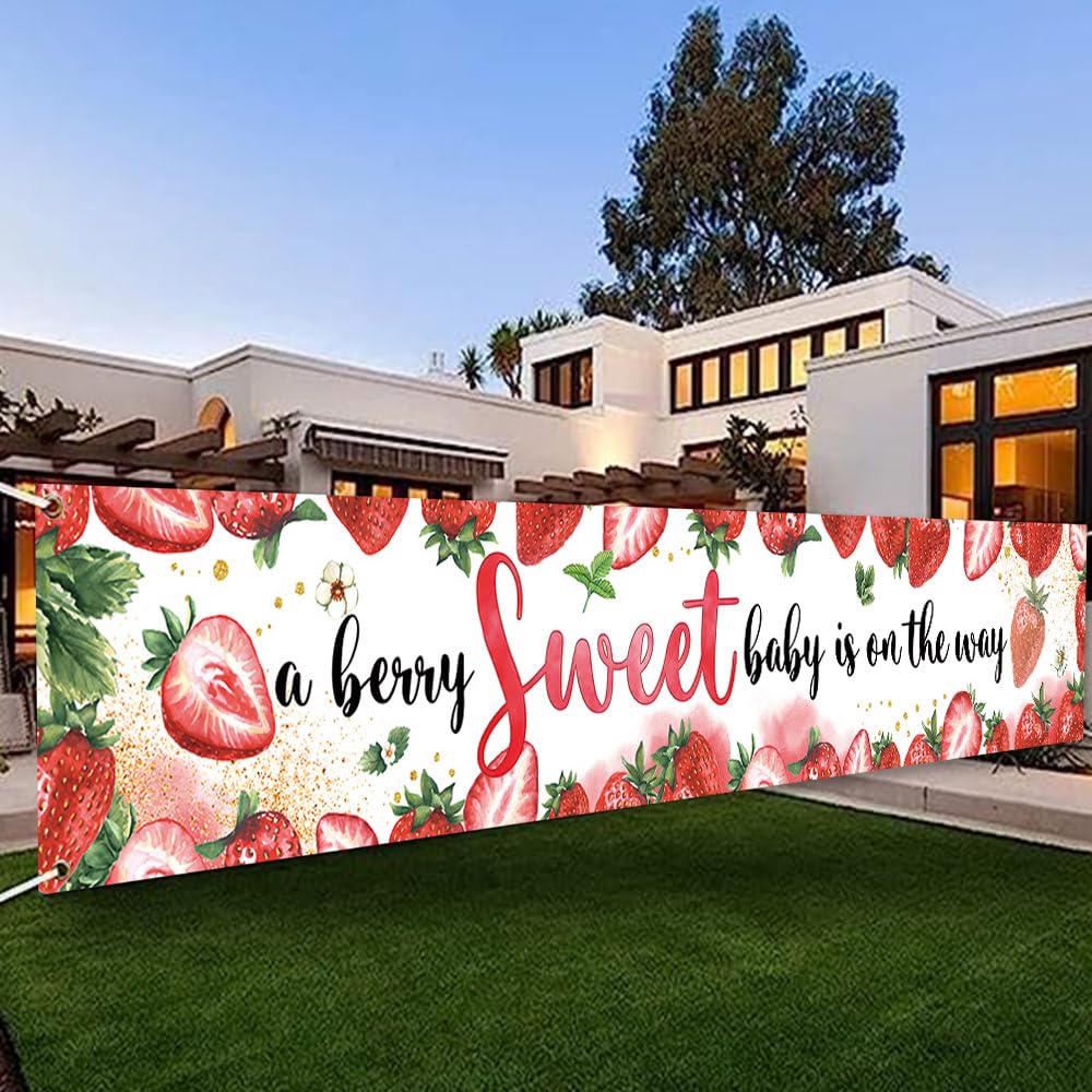 DOTOOMA 118 x 20 In Strawberry Baby Shower Pink A Berry Sweet Baby Is On The Way Banner Yard Sign Girl Welcome Party Newborn Birthday Cake Table