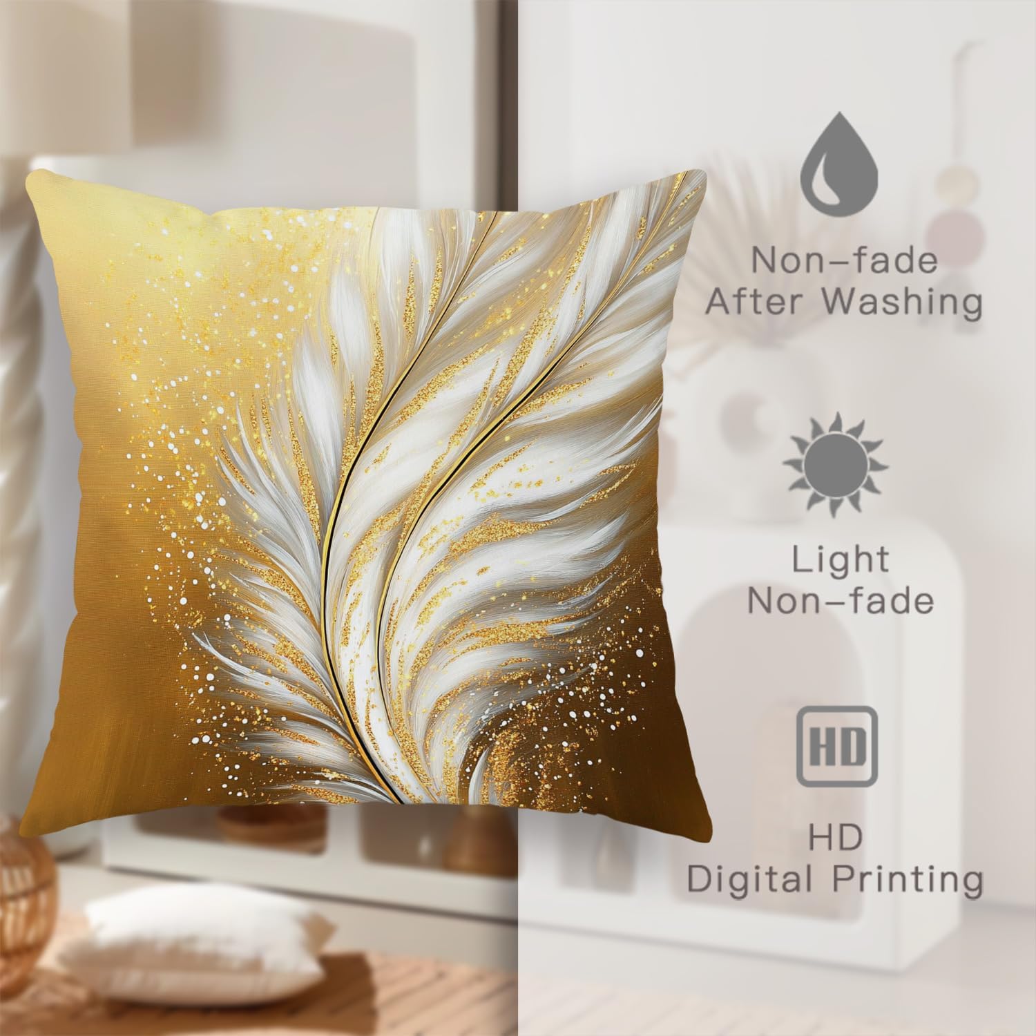 Elegant Gold Feather Throw Pillow Covers Set of 2, White and Gold Artwork Cushion Cases, Luxury Decorative Square Accents Pillows for Couch Sofa Home Decor 26x26 Inch