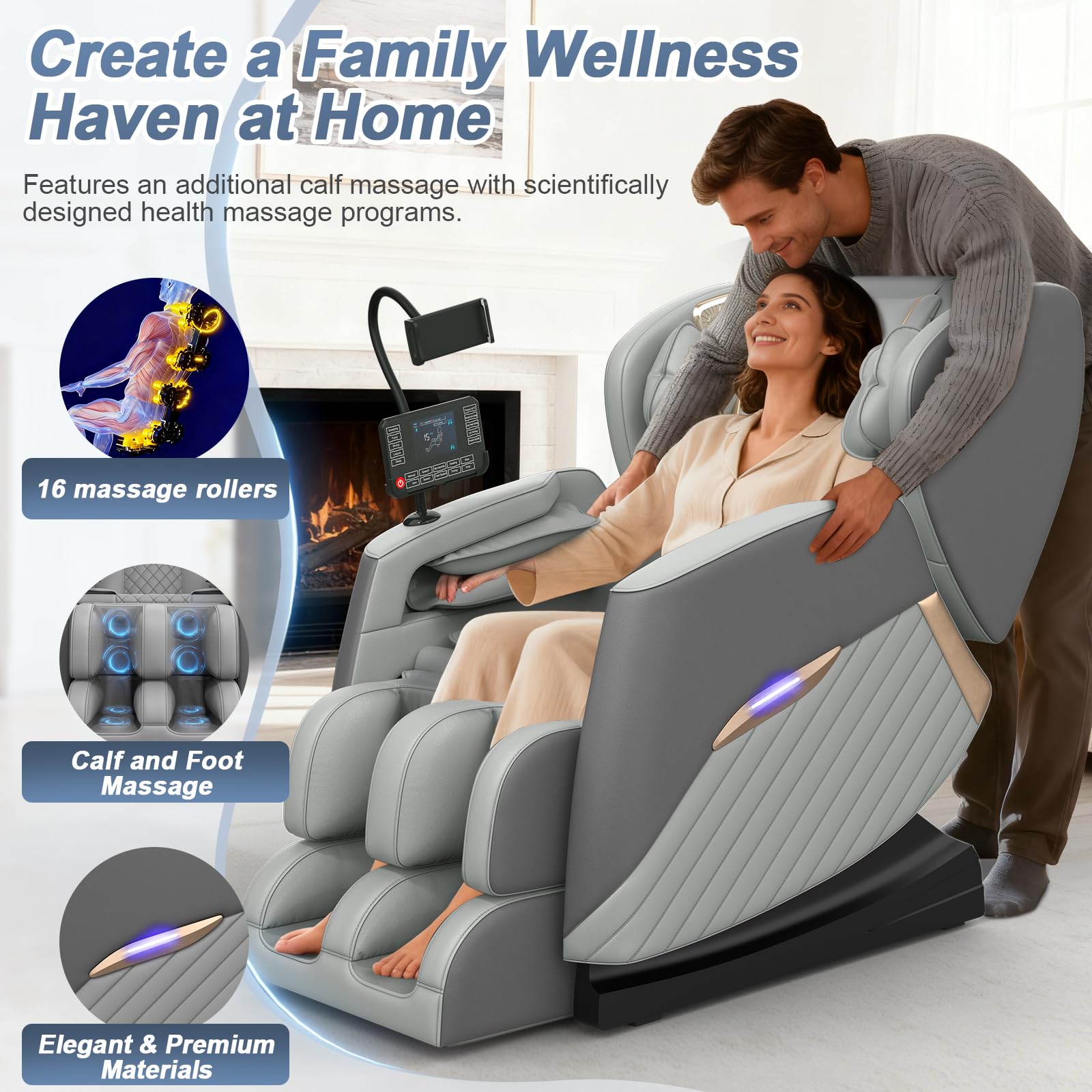 Poltrona massaggiante, modalità Zero Gravity, con 16 punti massaggio e 8 airbag, riscaldamento lombare, massaggio polpacci con rulli e airbag, altoparlante Bluetooth, telecomando touchscreen