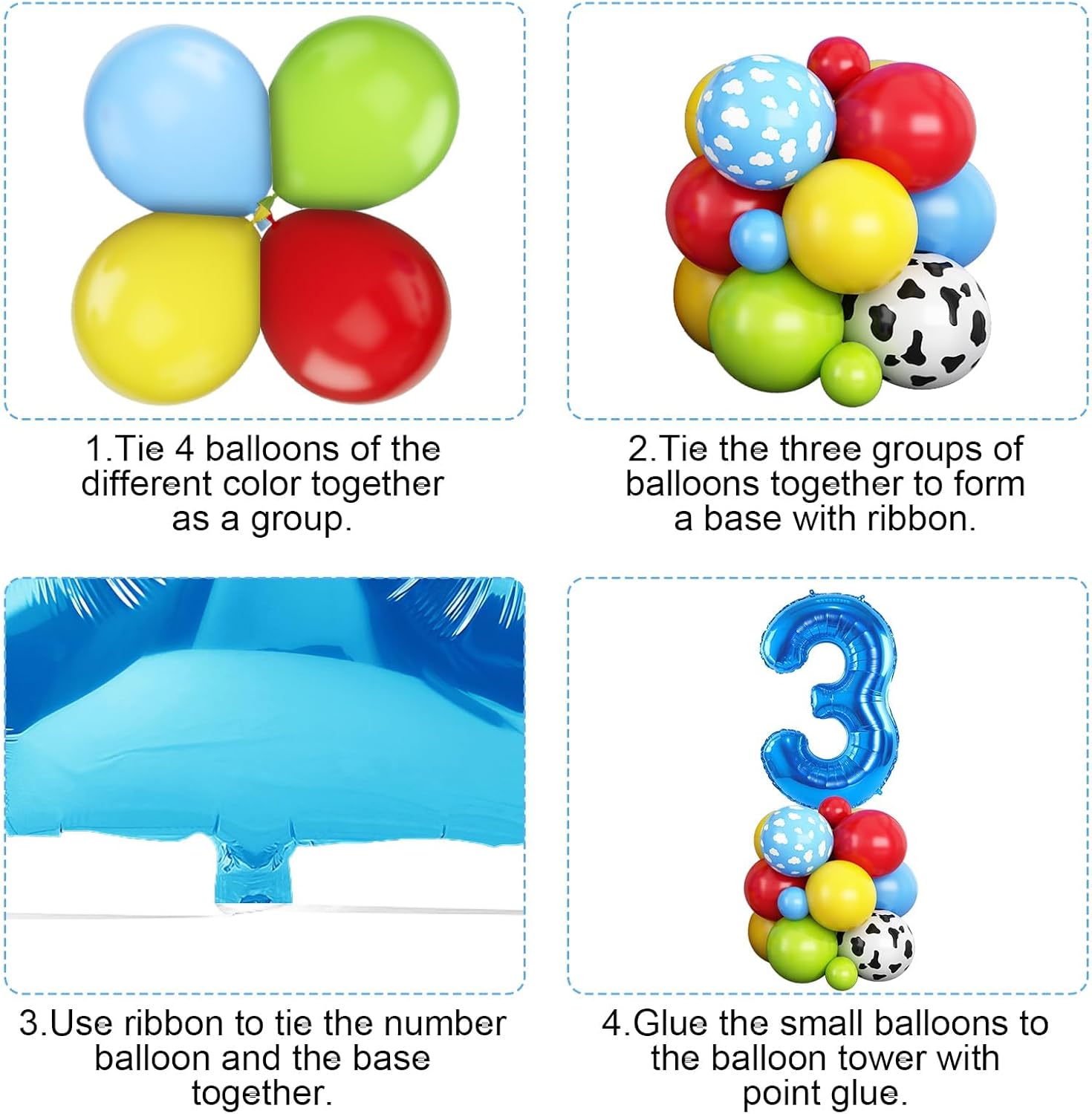 Toy 3rd Birthday Balloons Arch Kit, Red Blue Yellow Balloons with Cow Print Sky Blue Cloud Balloon Number 3 Balloon, for Kids Boys Girls 3rd Themed Birthday Party Baby Shower Decorations - Image 6
