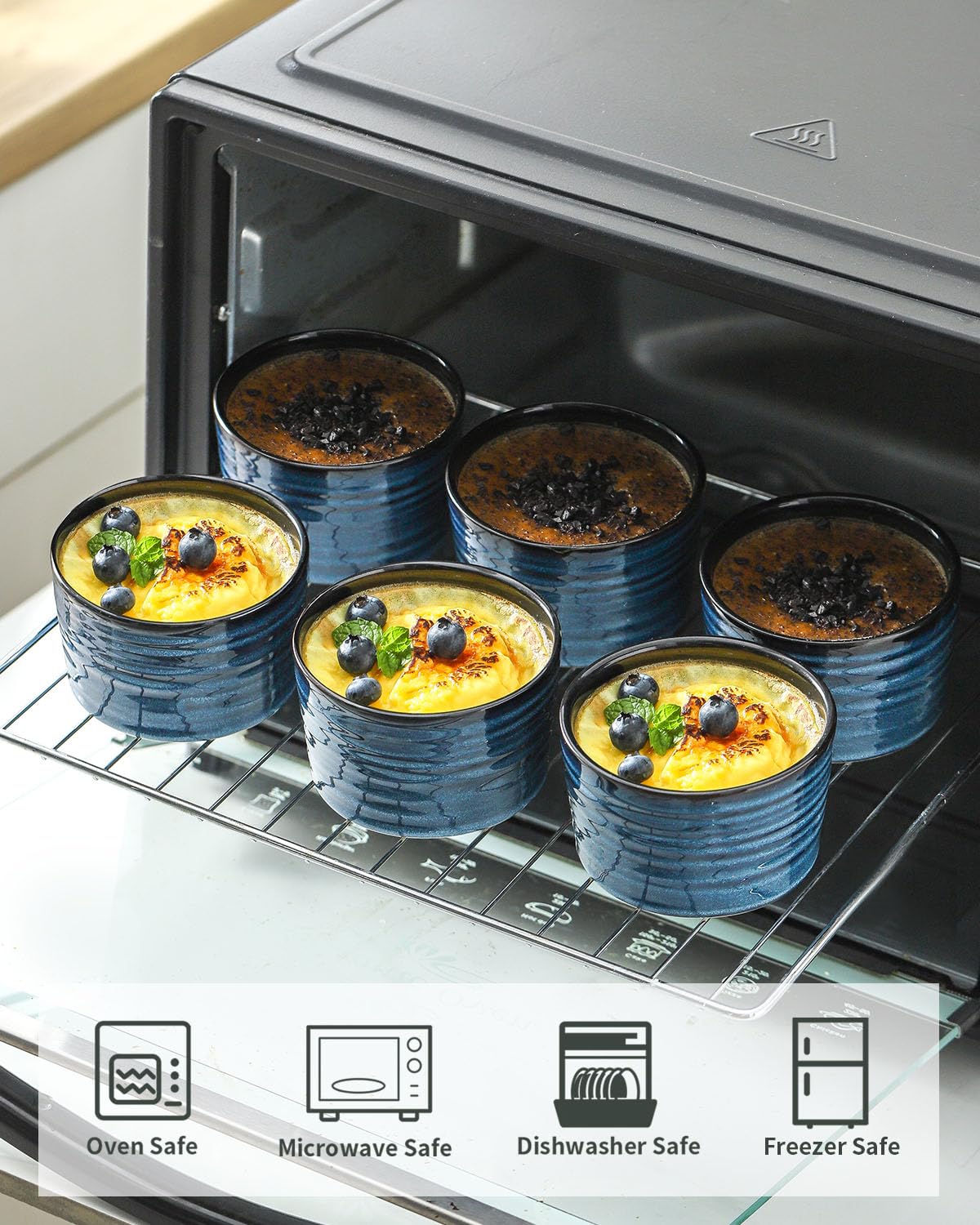 glowworm Ramequines de 8 onzas para soufflé de crema brulee, tazas de porcelana para hornear, cuencos de ramequines de estilo moderno aptos para horno, juego de 6, azul