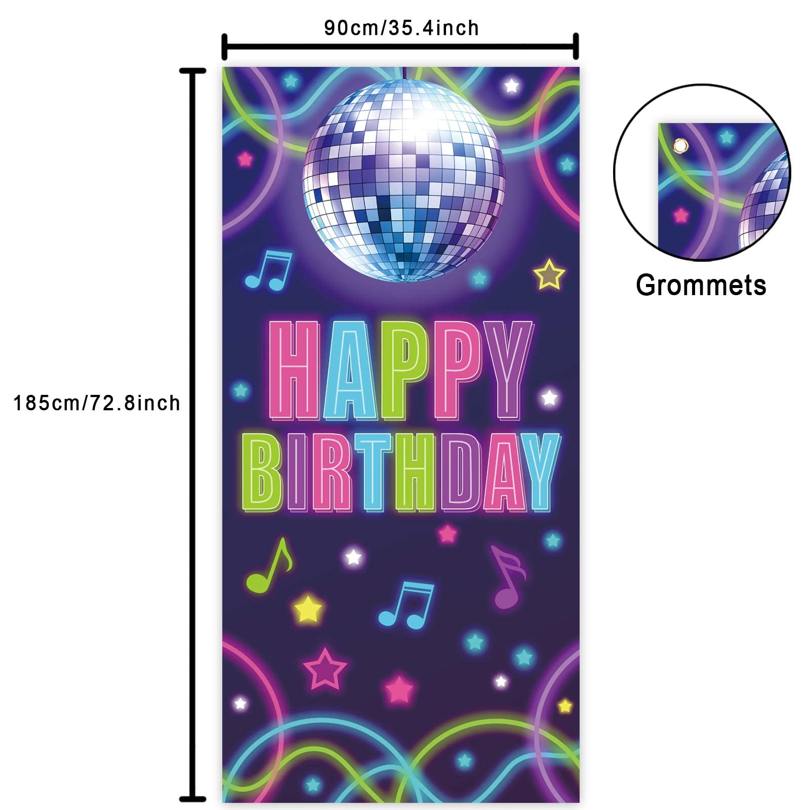 Disco Party Happy Birthday Banner Backdrop – 70s Theme, 72.8x35.4 Inches, Fabric, Pre-Assembled, Photo Booth Decor