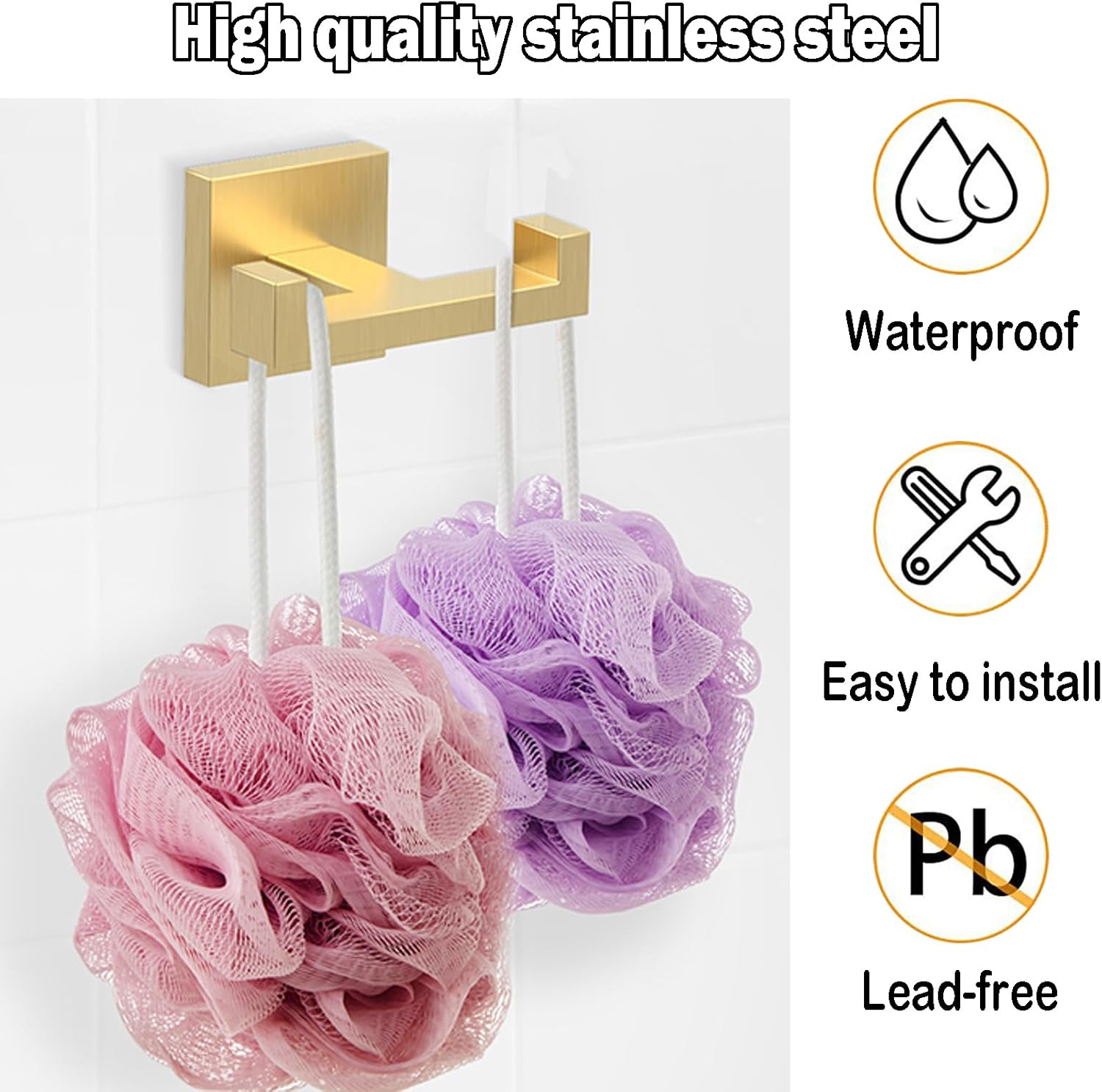 BOZWELL 1 Double Towel Hook and 2 Towel Hooks for Bathroom Light Brushed Gold Wall Mount，3 Pack Modern Square Style Coat Robe Hook，Stainless Steel Heavy Duty Door Hanger for Bathroom 1502-G-3