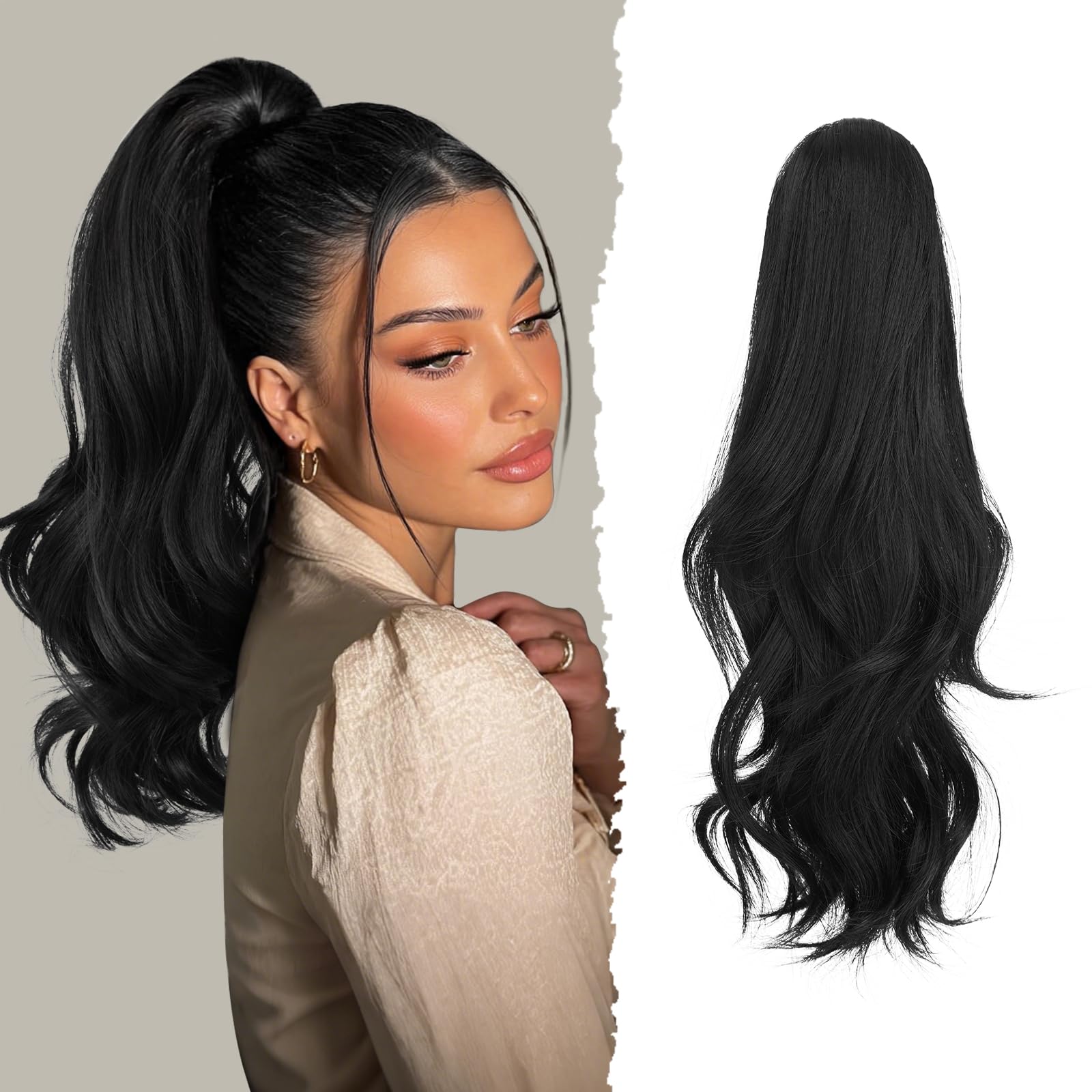 Sofeiyan Coleta Postiza Larga Ondulada con Pinza, Extensión de Coleta Natural de Doble Uso, 41 cm de Sintética Pinza de Pelo en Extensión de Trenza para Mujeres, Negro natural