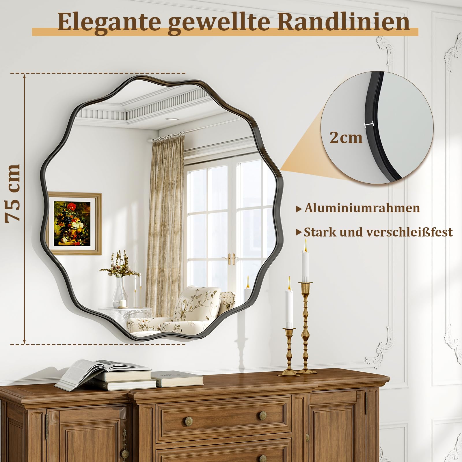 BEAUTYPEAK Runder Spiegel 76 cm, Wandspiegel mit Gewellter Kante, Aluminiumrahmen, Spiegel Rund zum Aufhängen und Anlehnen, Rund Wandspiegel für Schlafzimmer, Badezimmer, Flur Schwarz