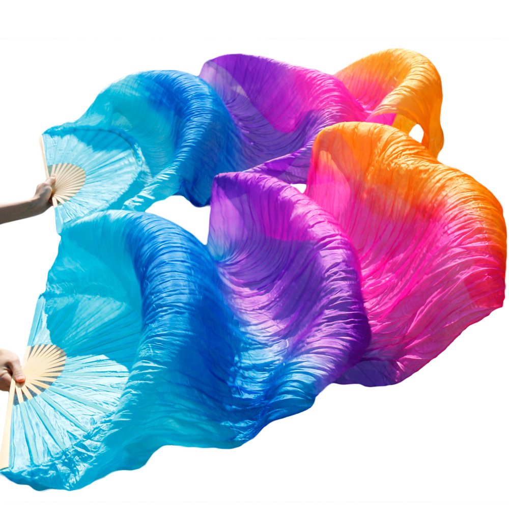Leemiman Women 1.8 m Long Belly Dance 100% Silk Bamboo Fan Veils 1 Pair(L+R) (Multi Colors) — image 1