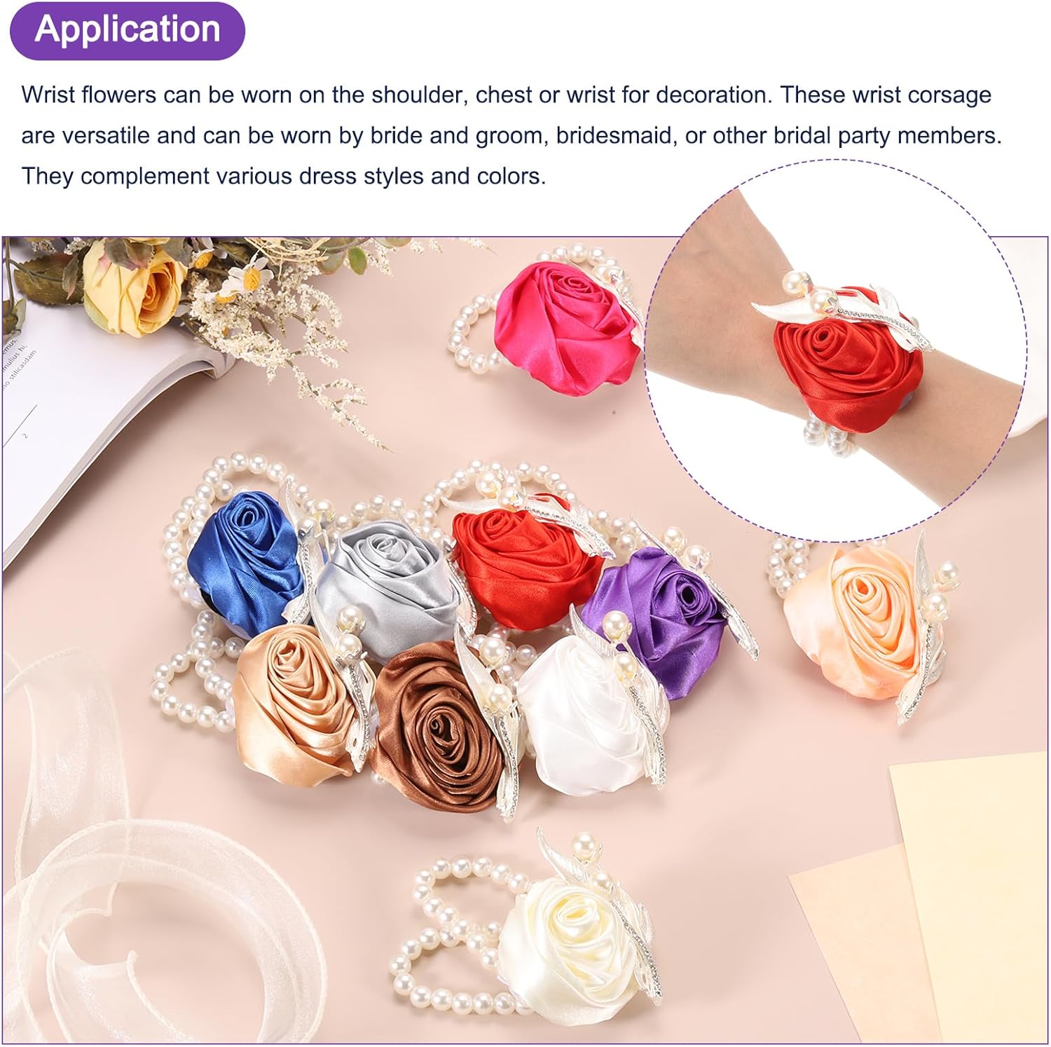 MECCANIXITY 6Pcs Wrist Corsage Artificial Flower with Faux Pearl Bracelets Rose Wrist Bride Groom Decorative for Wedding Ceremony Prom Party Anniversary, 2.4 x 2.8 Inch Coffee
