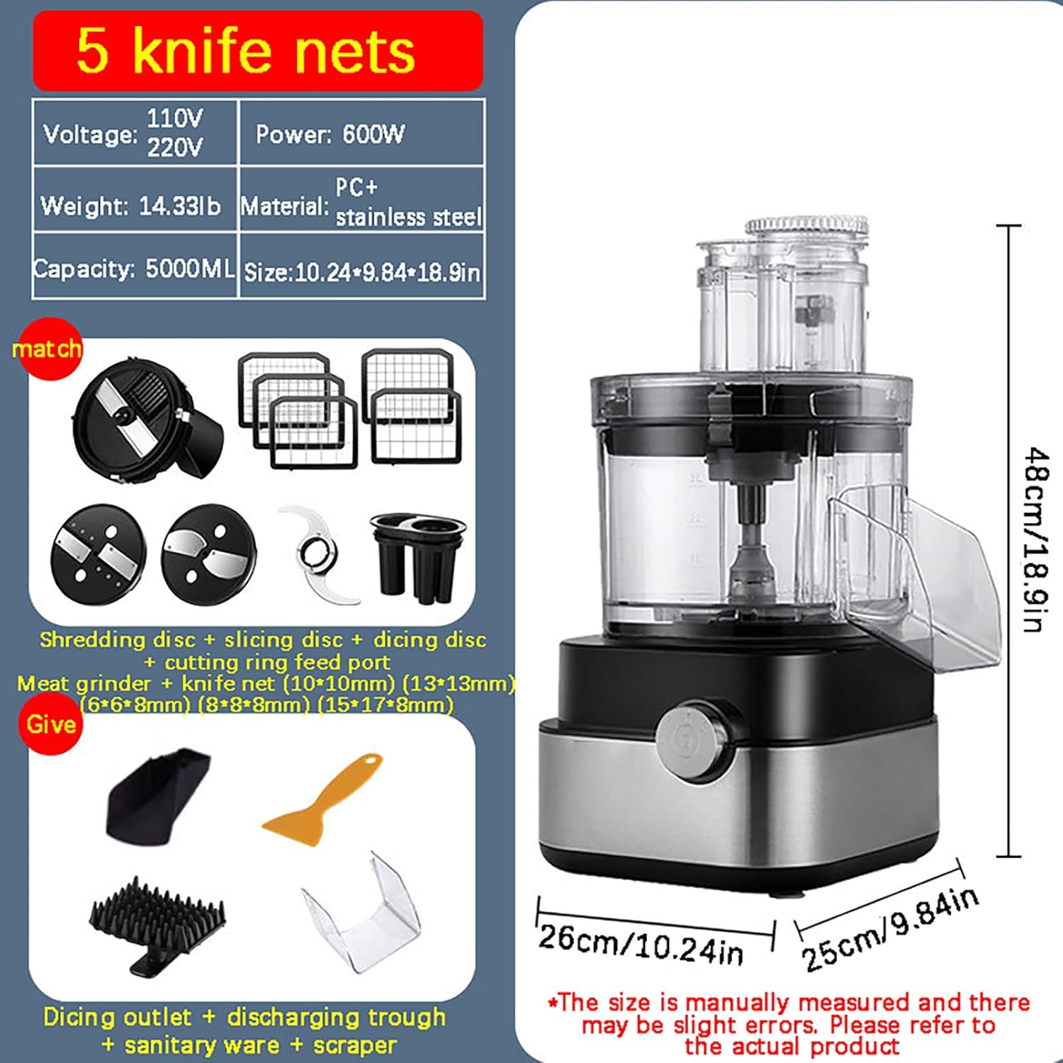 5 In 1 Food Processor– 600W Electric Vegetable Dicer6/8/10/13/15mm Dicing Blades, Meat Grinder, Slicer, Shredder & Chopper, 5L Capacity For Onion, Potato, Carrot, Fruit(Size:110V,Color:A)