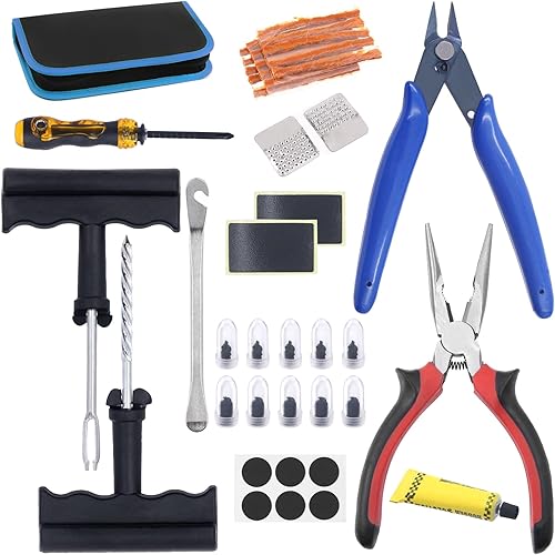 Glarks Kit de reparación de neumáticos de alta resistencia de 55 piezas, kit de reparación de neumáticos planos, kit de enchufe universal para