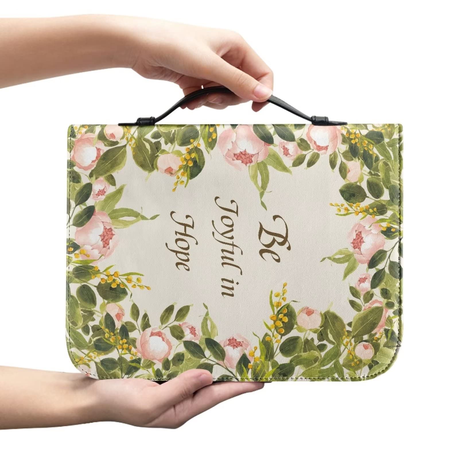 SEANATIVE Pink Peony Green Leaves Print Leather Bible Cover with Zipper Bible Book Case for Women Portable Bible Carrying Bag Large Size,Be Joyful in Hope