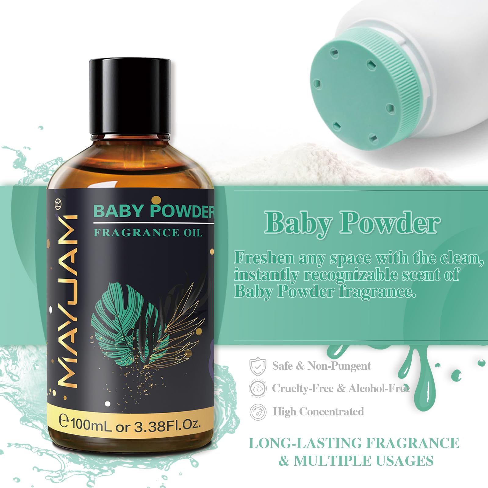 MAYJAM Olio Essenziale di Polvere per Bambini 100ml, Olio Di Fragranza Premium Per Diffusori di Olio Essenziali, Aromaterapia, Casa, Bruciatore Di Olio