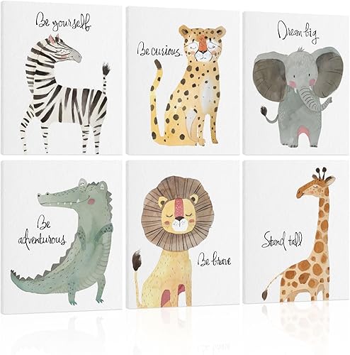 Miniatura 1 de HLJ ART Juego de póster de animales de safari citas inspiradoras para niños, 6 paneles de poliéster enmarcados para decoración de guardería