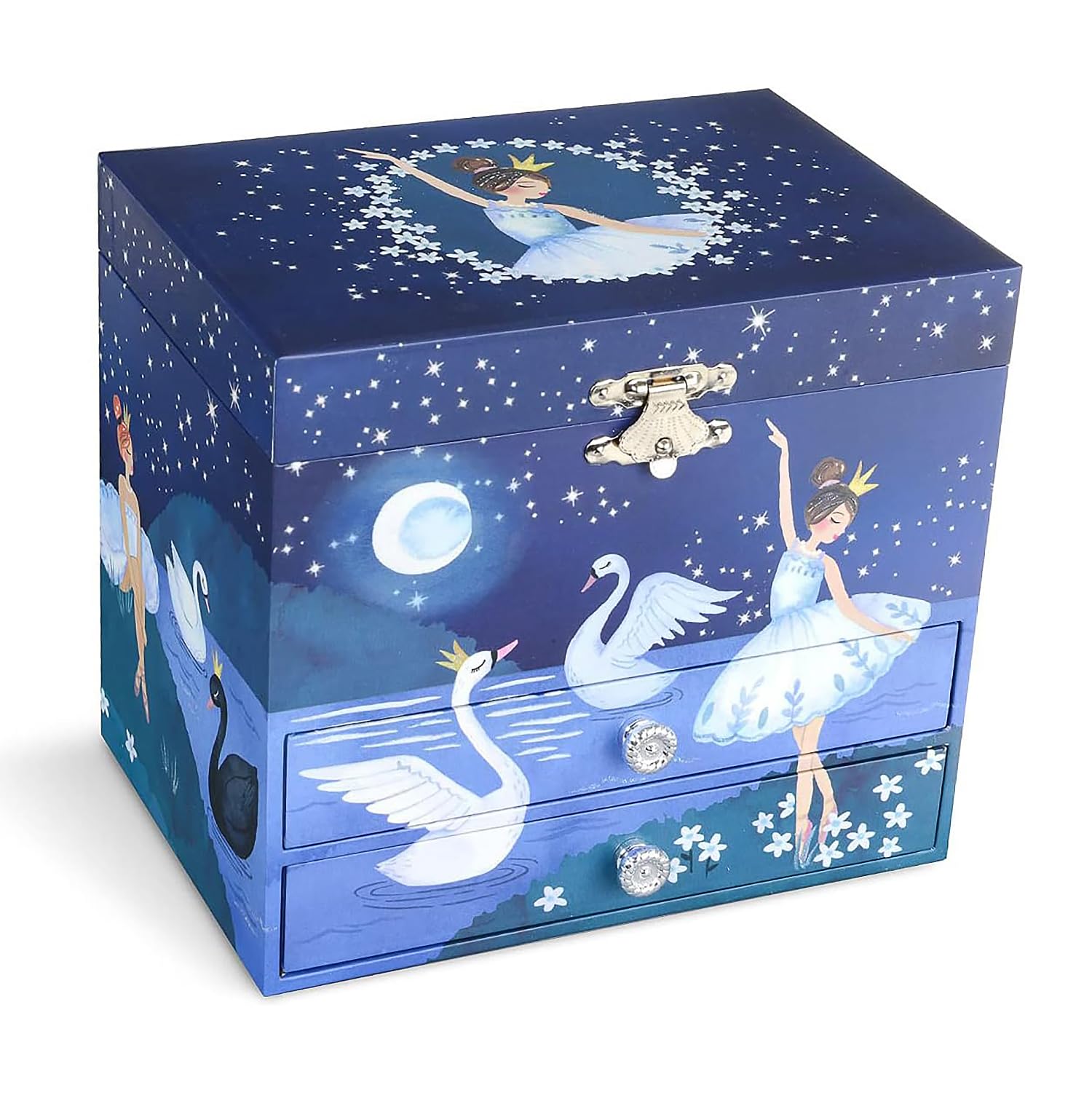 Jewelkeeper Ballerina Jewelry Box - Music Box for Girls - Little Girls Wooden Jewelry Set Container - 2 Pullout Drawers - Swan Lake Tune - Dreamy Blue Glitter Design - 6.75 x 5.25 x 6 inches