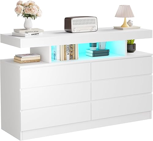 Miniatura 9 de BEWISHOME Cómoda blanca para dormitorio con estación de carga y luces LED, cómoda de madera de 6 cajones con soporte para TV y espacio abierto,
