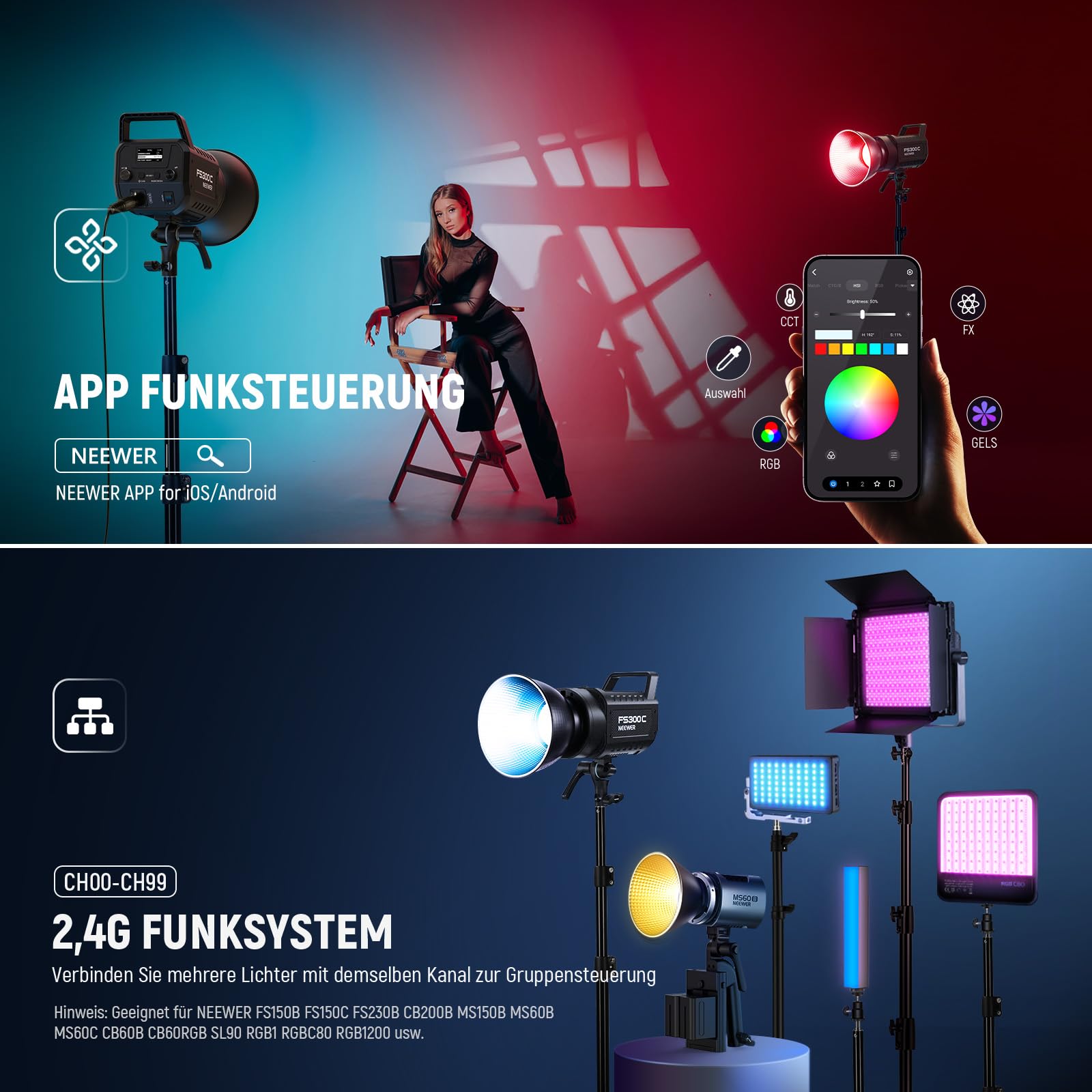 NEEWER 300W RGB LED Videolicht mit APP/2.4G Steuerung, 17 Effekte, 2500K-7500K 29000lux/1m COB Dauerlicht, CRI95+/TLCI97+ Bowens Mount für Studiofotografie und Videoaufnahmen, FS300C