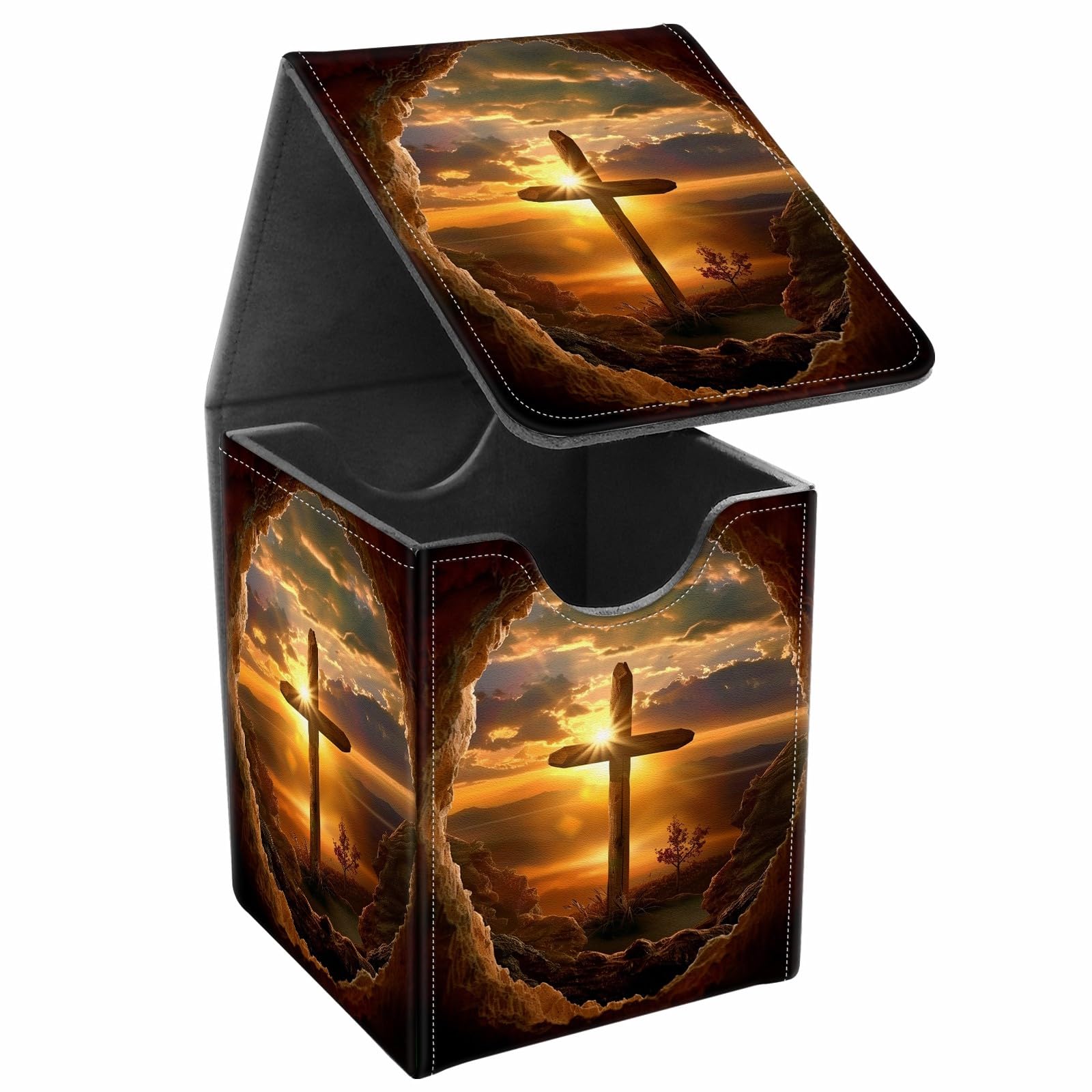 JANENFNA Card Deck Box, Card Storage Box Fits 100+ Single Sleeved Cards, Large Capacity PU Leather Card Storage Box with Strong Magnet for Magic Commander TCG CCG, Sunrise Cross Design