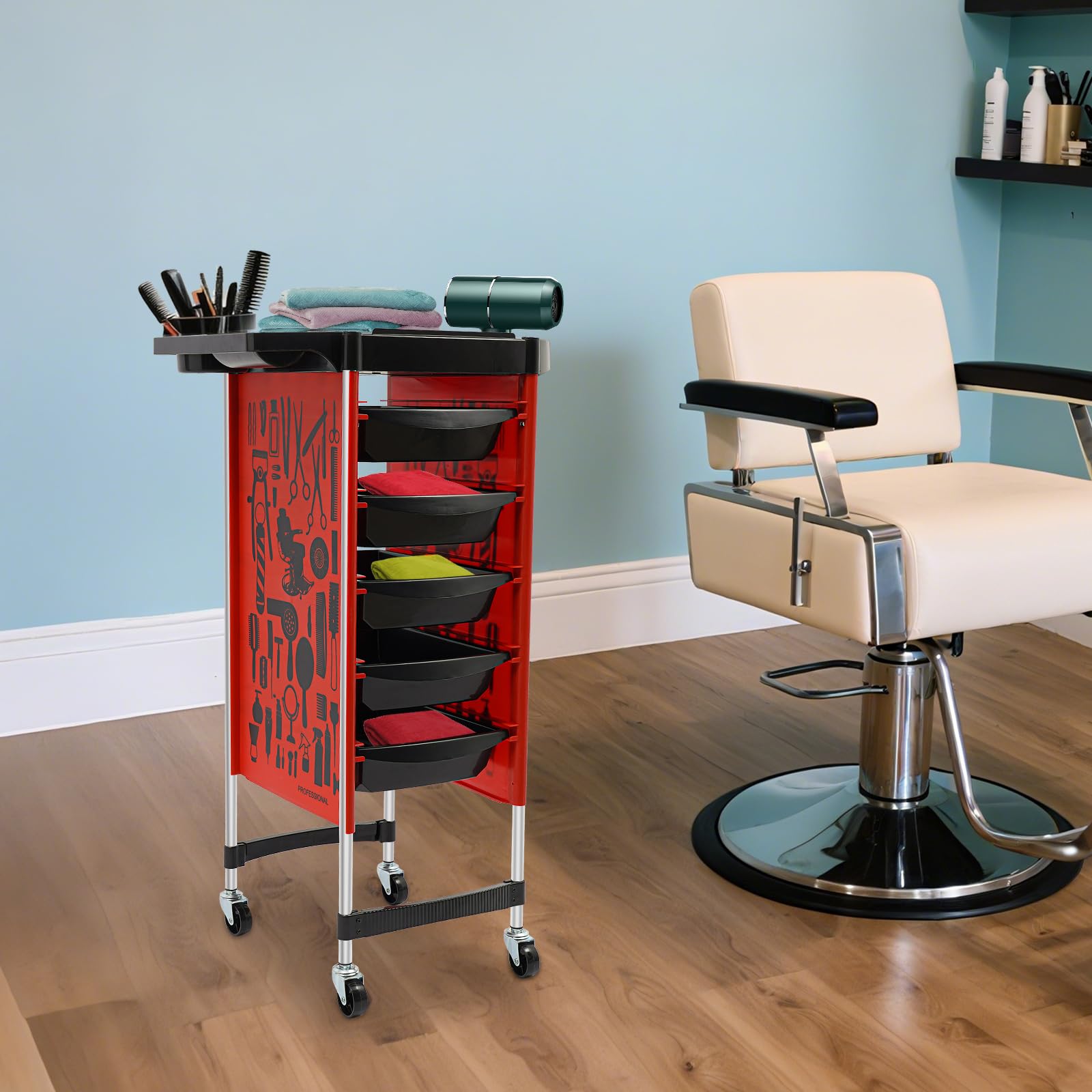 Carrito de peluquería, 6 capas con ruedas, soporte para secador de pelo, 5 cajones, carrito de trabajo para salones de peluquería, almacenamiento de belleza, herramientas de peluquería
